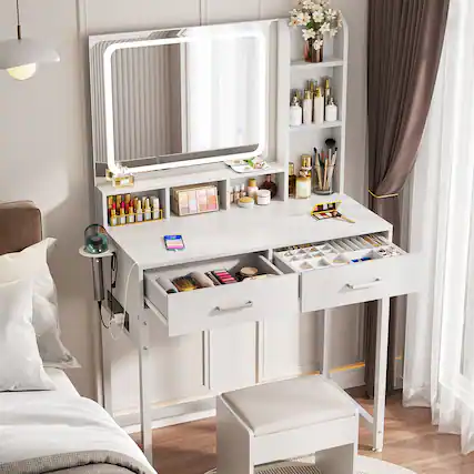 Front. Aheaplus - Makeup Vanity Desk with Lighted Mirror and Charging Station, 31.5'' Small Vanity Table with Drawers - White.
