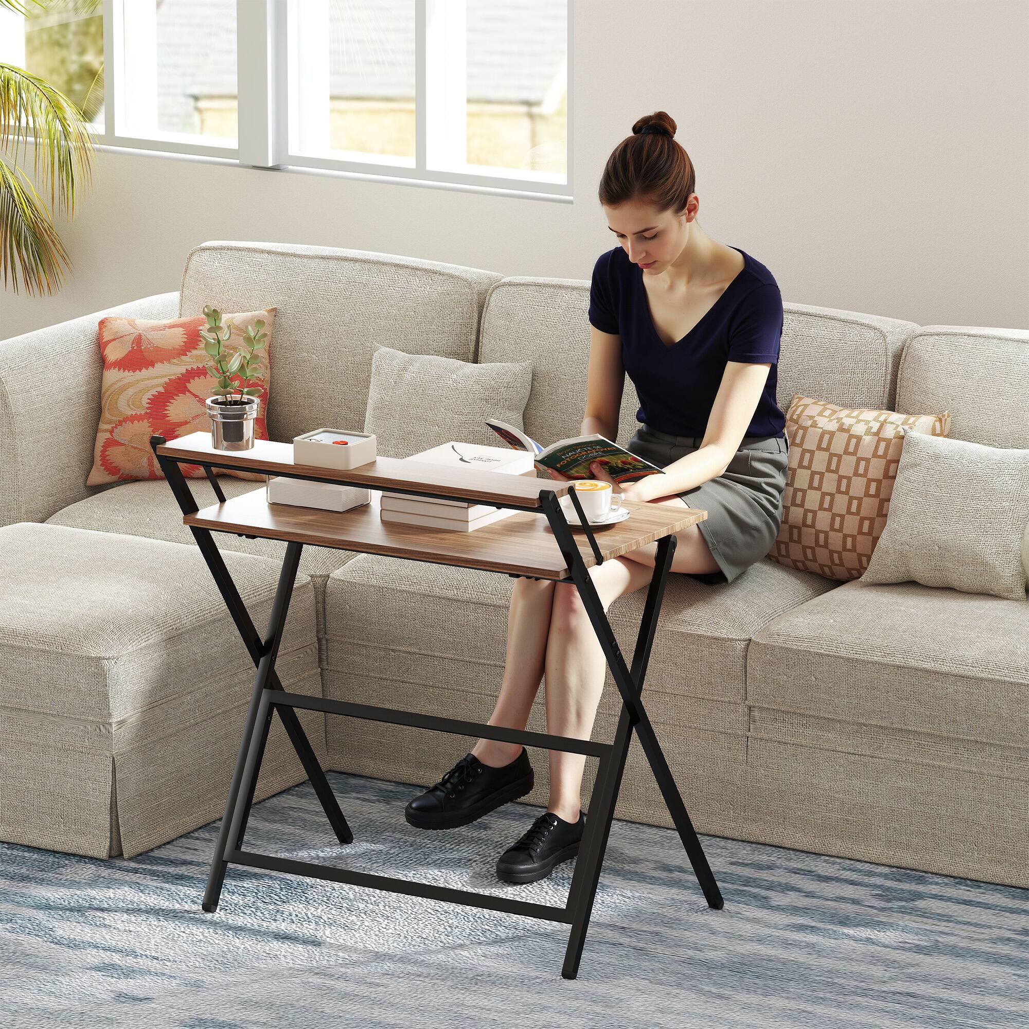 Alt View 7. Homcom - Small Folding Desk, 32 Inch Foldable Computer Desk with Monitor Shelf, Space Saving Portable Writing Table - Walnut.