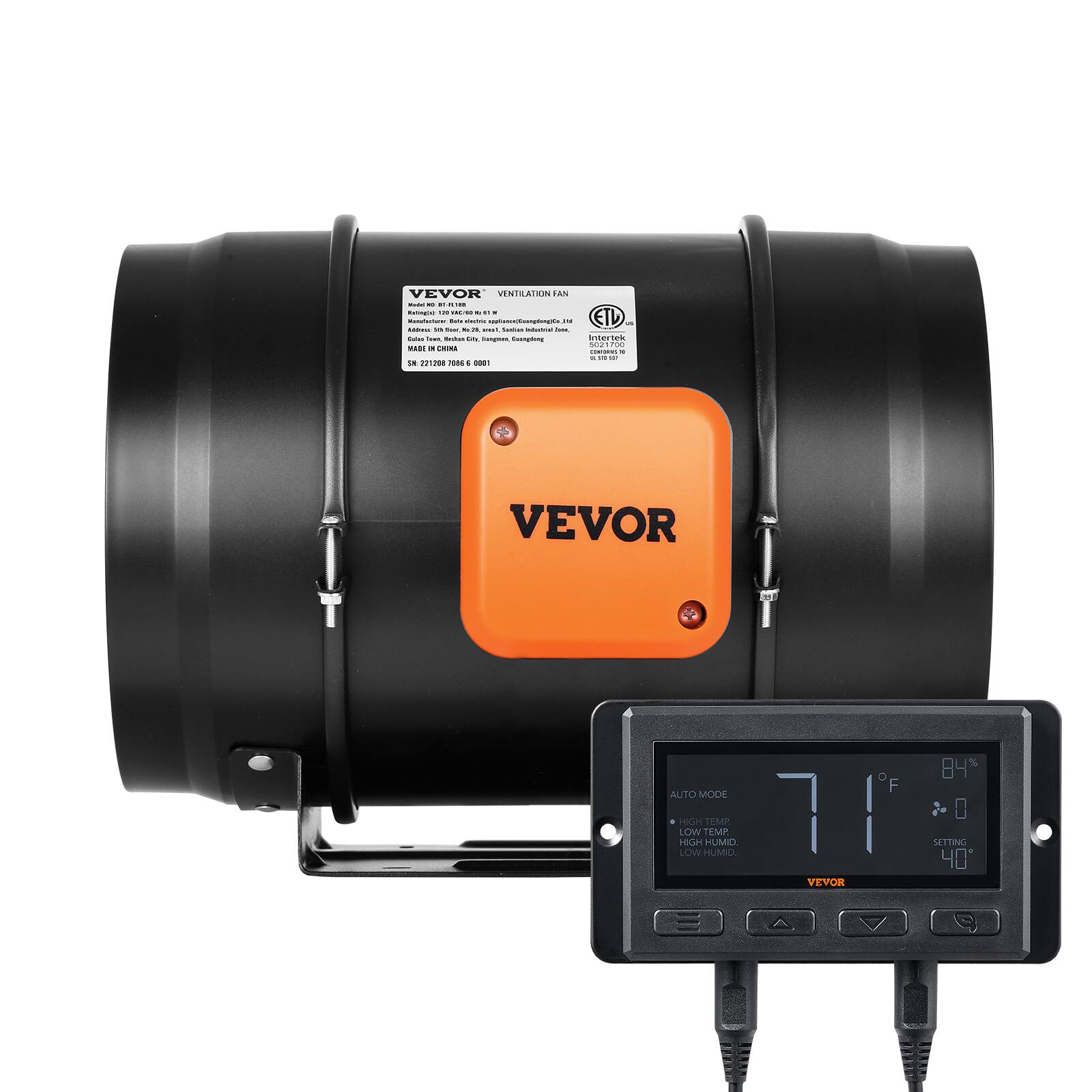 VEVOR VENTILATION FAN

Model: VEVOR VINTRATIN TAN

Rating: 175 CFM @ 0.1" W.C.

Voltage: 115V/60Hz

Power: 1/2 HP

Speed: 1725 RPM

Certification: ETL

Made in China

Model No.: 271207006 0001

AUTO MODE
HIGH TEMP
LOW TEMP
HIGH HUMID
LOW HUMID

UMID SETTING: 40

TEMP: 71°F

HUMID: 84%