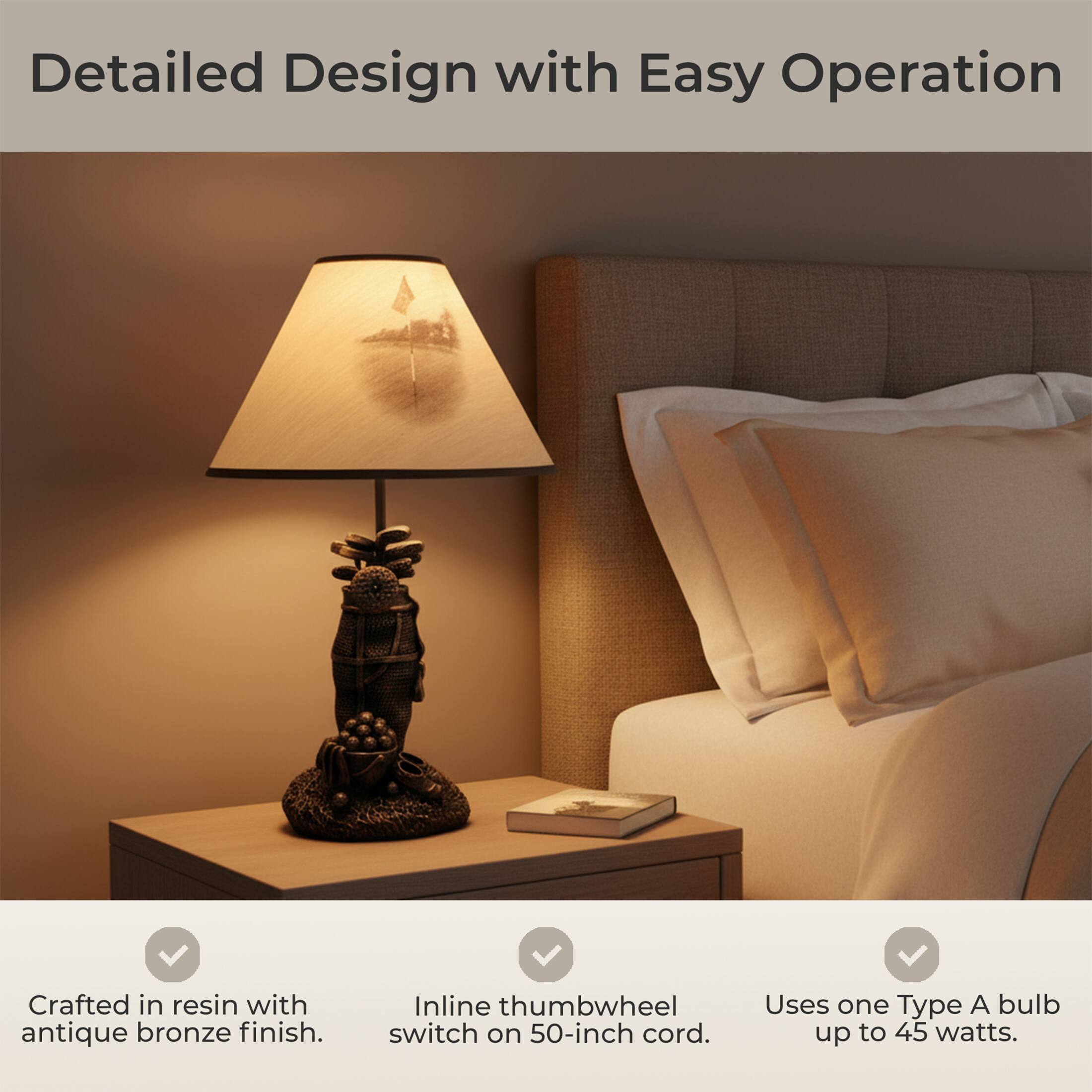 Detailed Design with Easy Operation

Crafted in resin with antique bronze finish. Inline thumbwheel switch on 50-inch cord. Uses one Type A bulb up to 45 watts.