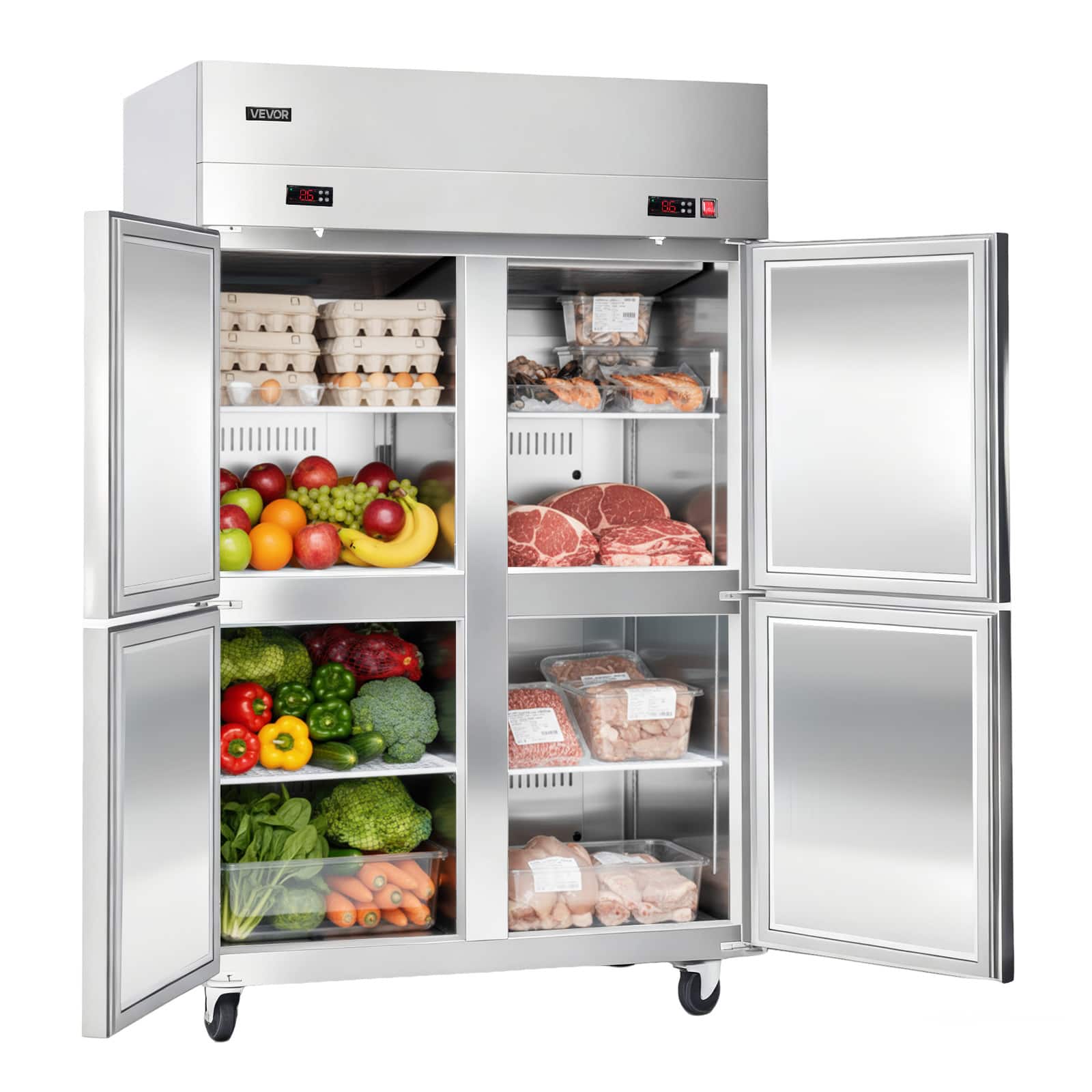 VEVOR - Commercial Refrigerator and Freezer Combo 48"W, 31 Cu.Ft Stainless Steel Upright Freezer/Refrigerator with 4 Doors - Stainless steel color