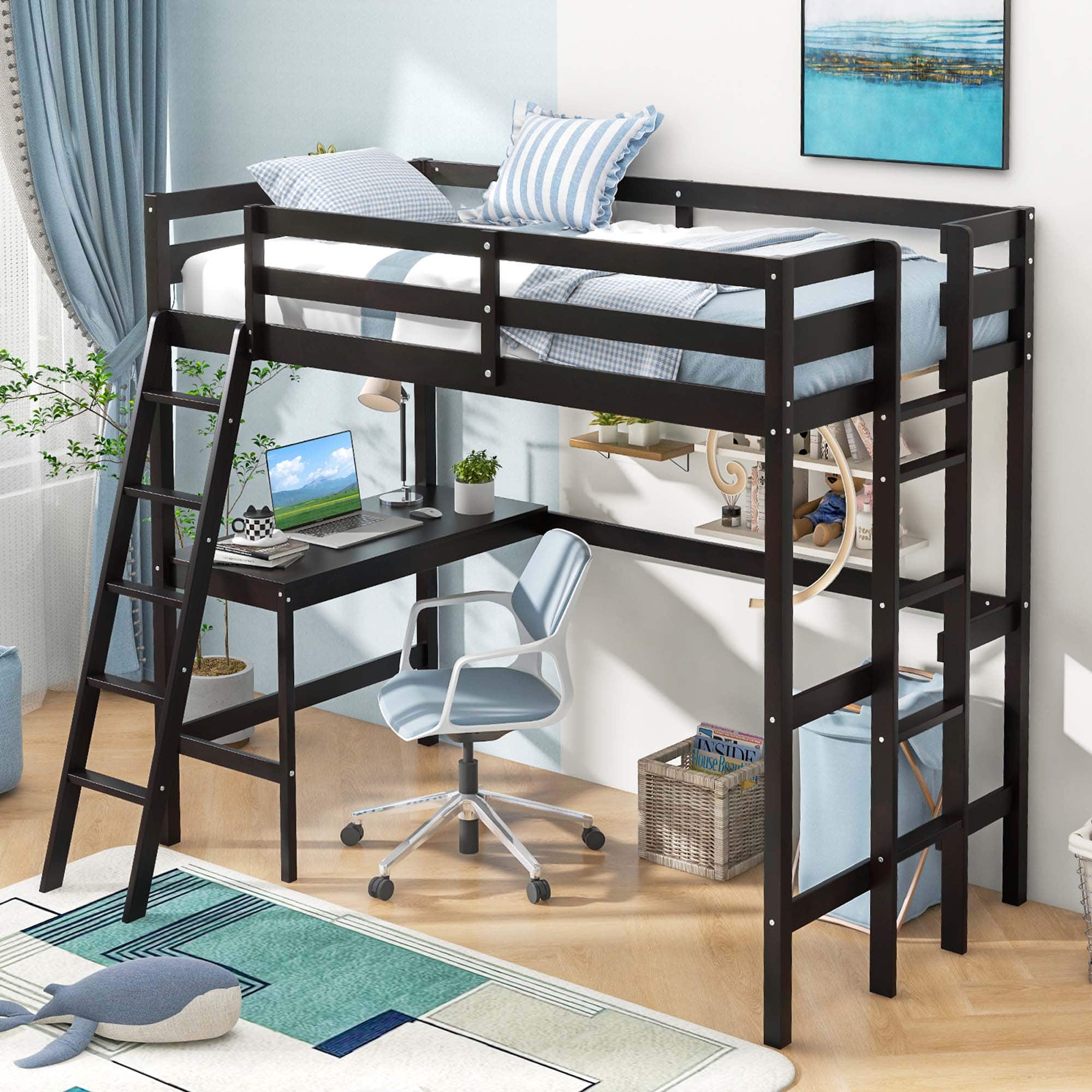 Costway - Twin Size Loft Bed w/ Desk & Shelf 2 Ladders & Guard Rail for Kids Teens Bedroom - Expresso