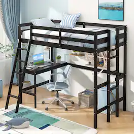 Costway - Twin Size Loft Bed w/ Desk & Shelf 2 Ladders & Guard Rail for Kids Teens Bedroom - Expresso