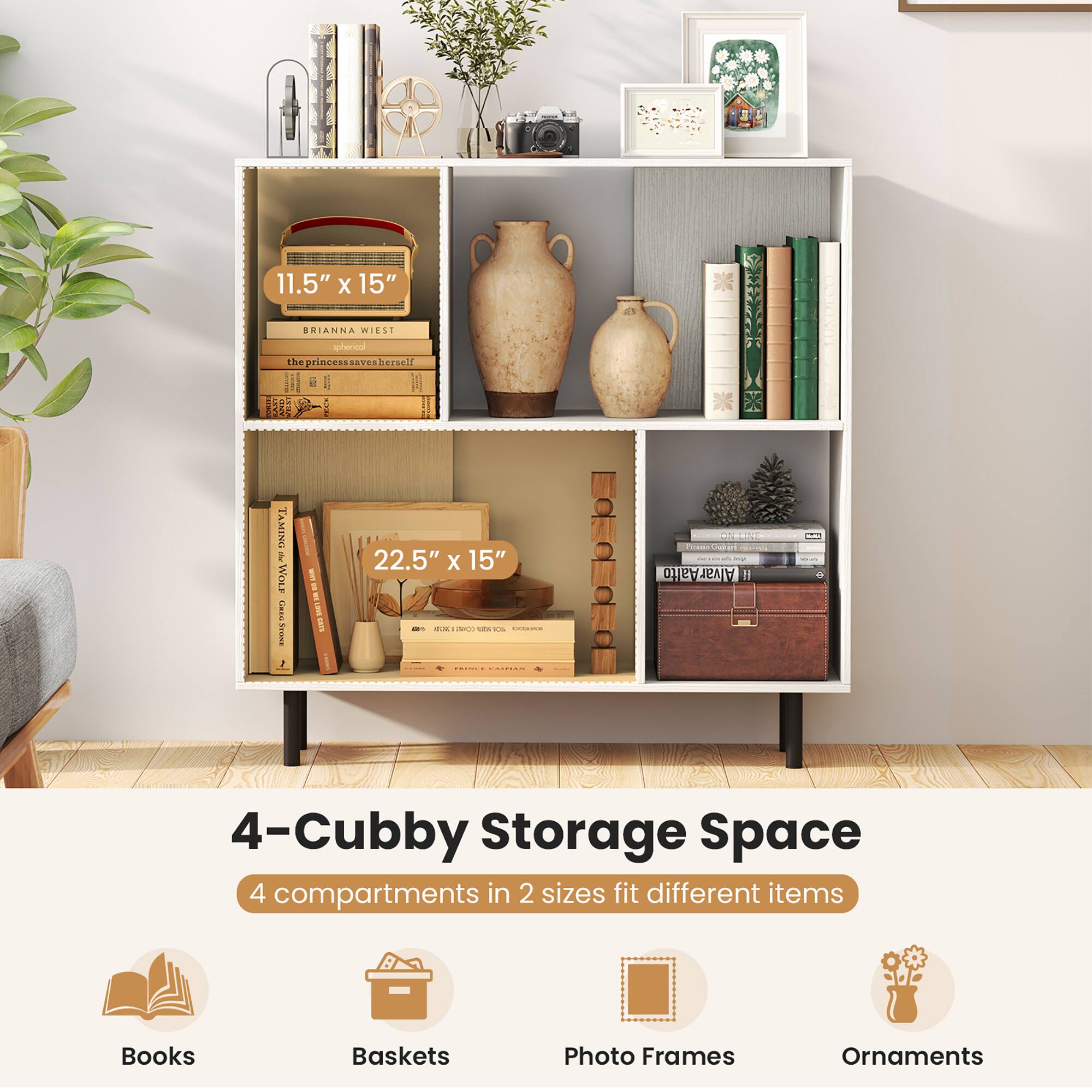 Books: HE 11.5" X 15" BRIANNA WIEST pherco the princess LEVEs herseld | | I 1  I 1 A : tarh TAMING 2 WOLF L I I 1 1 i I 22.5" X 15" - : - ada -    - - - I - AlvarAalto
Baskets: 4-Cubby Storage Space 4 compartments in 2 sizes fit different items
Photo Frames: Books
Ornaments: Baskets