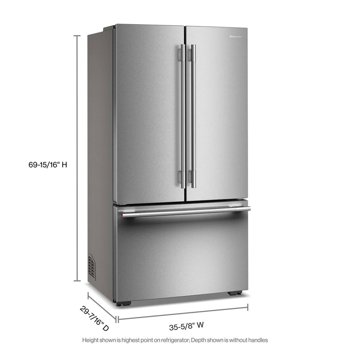 69-15/16" H  
29-7/16" D  
35-5/8" W  

Height shown is highest point on refrigerator. Depth shown is without handles