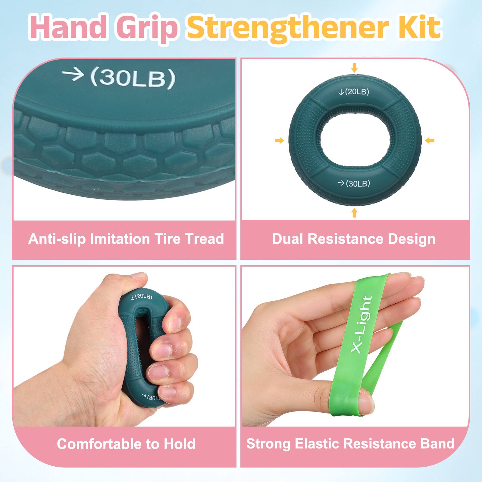 Hand Grip Strengthener Kit (30LB) (20LB) (30LB) Anti-slip Imitation Tire Tread Dual Resistance Design 1(20LB) X-Light (30LB) Comfortable to Hold Strong Elastic Resistance Band