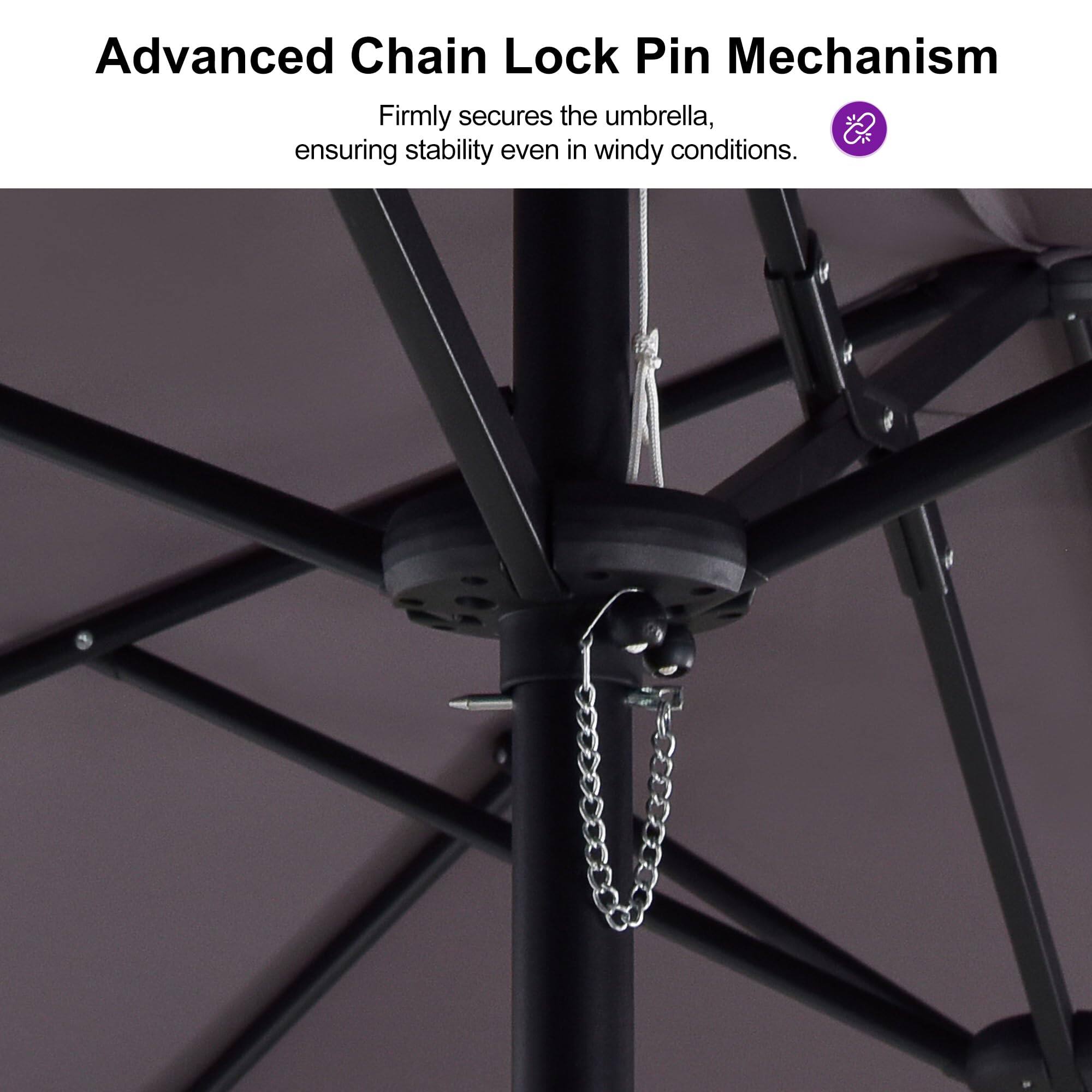 Advanced Chain Lock Pin Mechanism  
Firmly secures the umbrella, ensuring stability even in windy conditions.