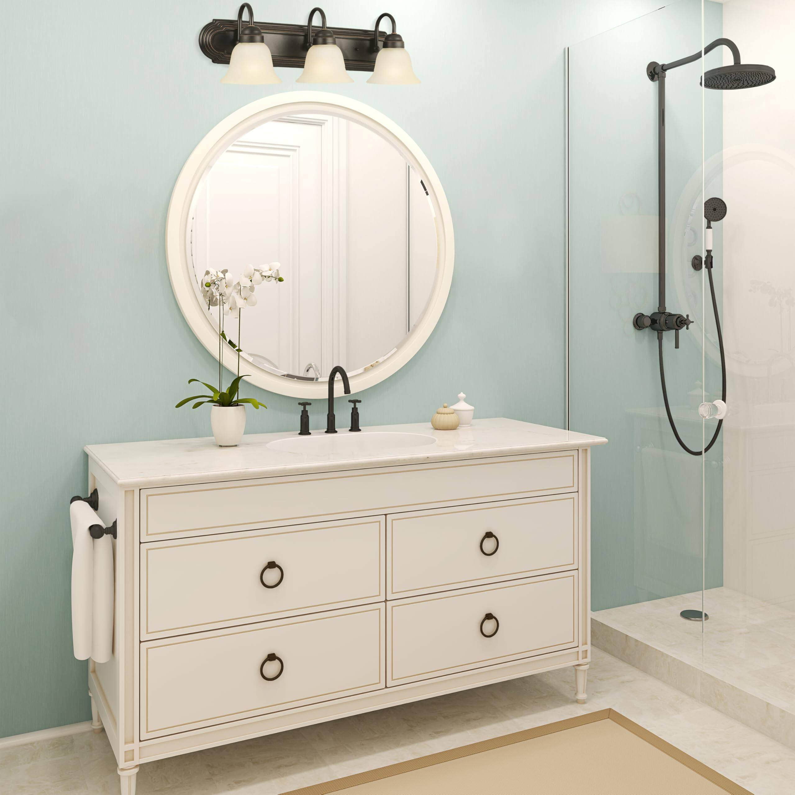 Alt View 3. Cedar Assembly - Allante Vanity Light Dimmable Frosted Glass Bathroom Large Backplate Easy Installation Oil Rubbed Bronze In - Brushed Nickel 4 Lights.