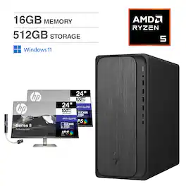 HP - OmniDesk Desktop (Ryzen 5, 16GB, 512GB SSD, WiFi 6, Win 11 Home) Bundle with Two Monitors 24 inch and USB Hub - Gray Wood