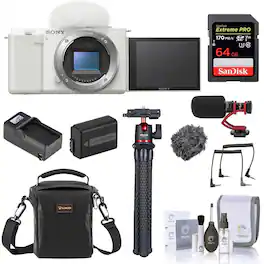Bundle - Sony - ZV-E10 Mirrorless Interchangeable Lens Vlog Camera, White - with 64GB SD Card, Shoulder Bag, Mic, Tripod,