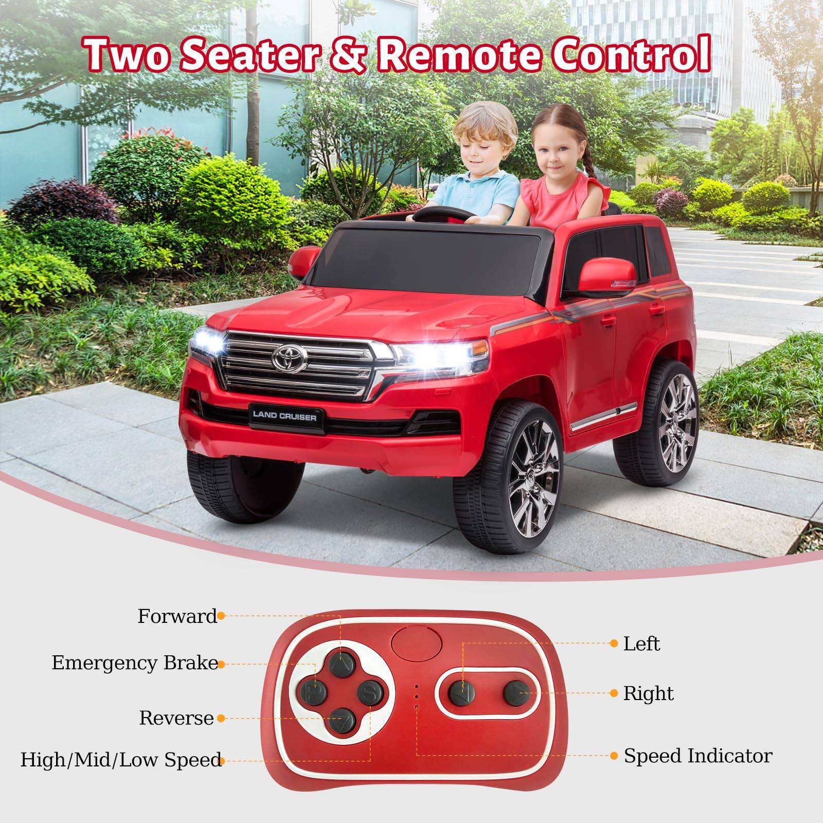 Two Seater & Remote Control

Forward  
Emergency Brake  
Reverse  
High/Mid/Low Speed  
Speed Indicator  

Left  
Right  
Speed Indicator