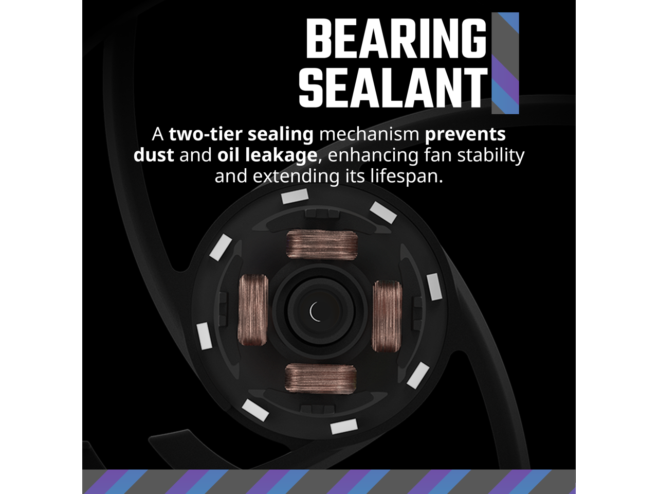 BEARING SEALANT

A two-tier sealing mechanism prevents dust and oil leakage, enhancing fan stability and extending its lifespan.