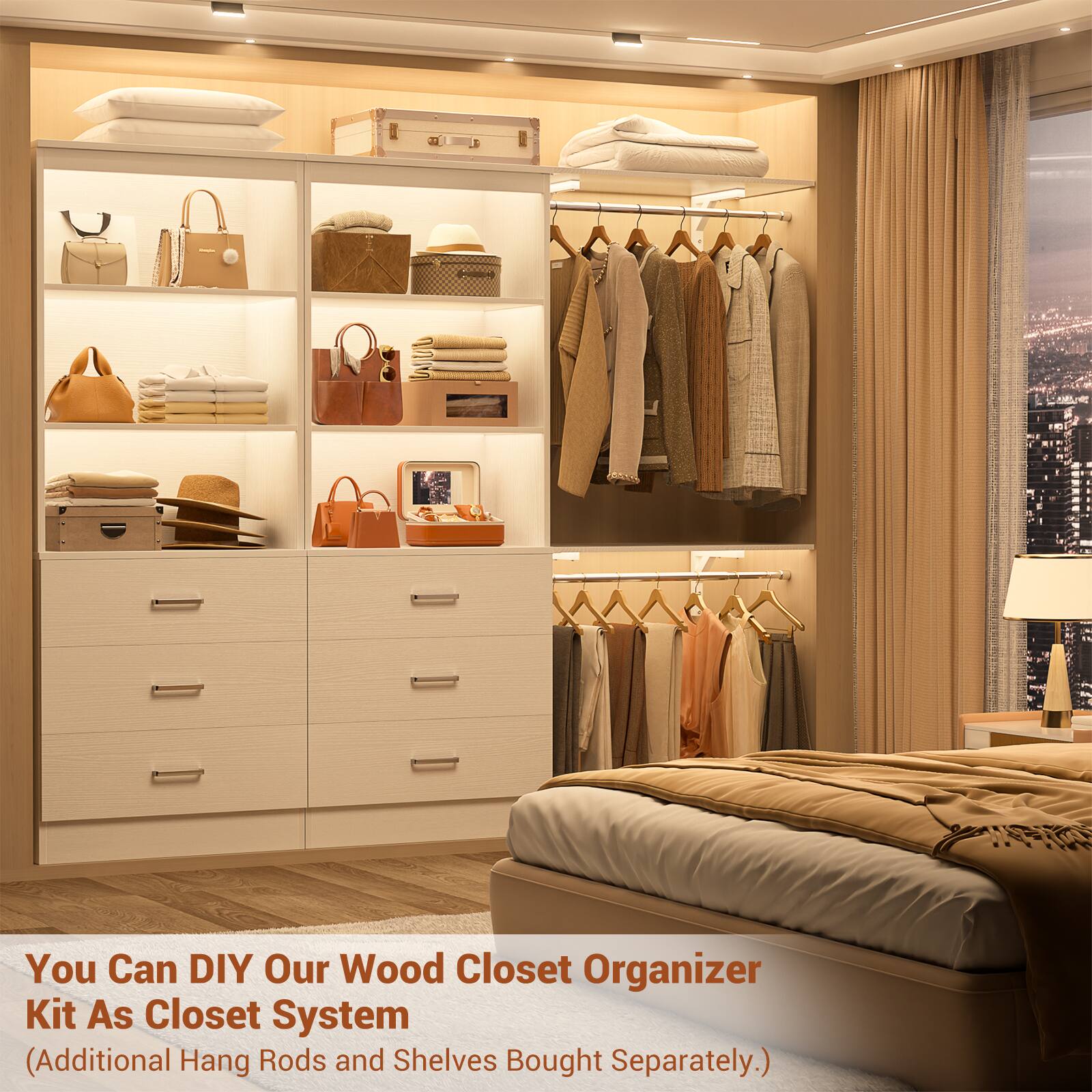 You Can DIY Our Wood Closet Organizer Kit As Closet System  
(Additional Hang Rods and Shelves Bought Separately.)