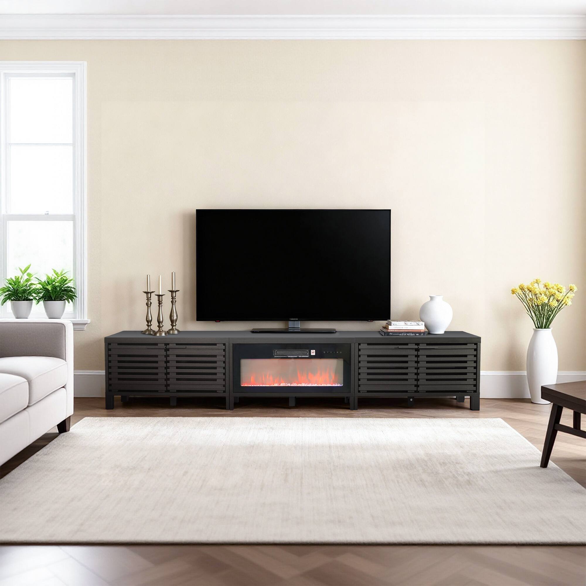 Back. Parrot Uncle - 115" Farmhouse  3 Pieces TV Stand Entertainment Center with Electric Fireplace and  LED Lights - Black and gray.