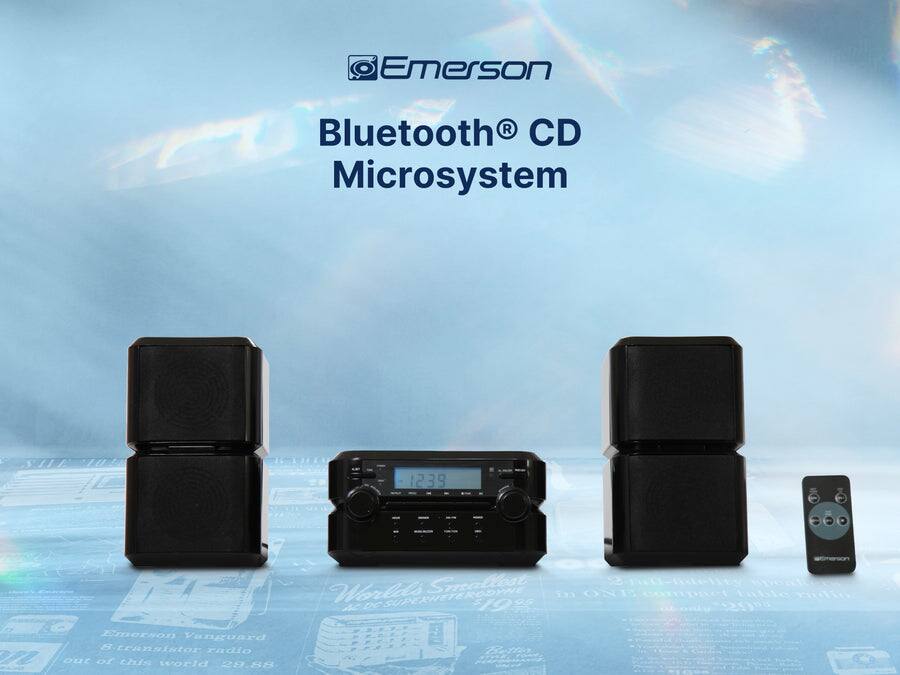 Emerson Bluetooth® CD Microsystem

Emerson Vanguara

8-transistor radio out of this world

20.88 Smealtoat

2 Lidelity

Sponto Worlds

SUPERHETERODYNE

as i OND

compact table

Pindio

K DC

19

250

Butte