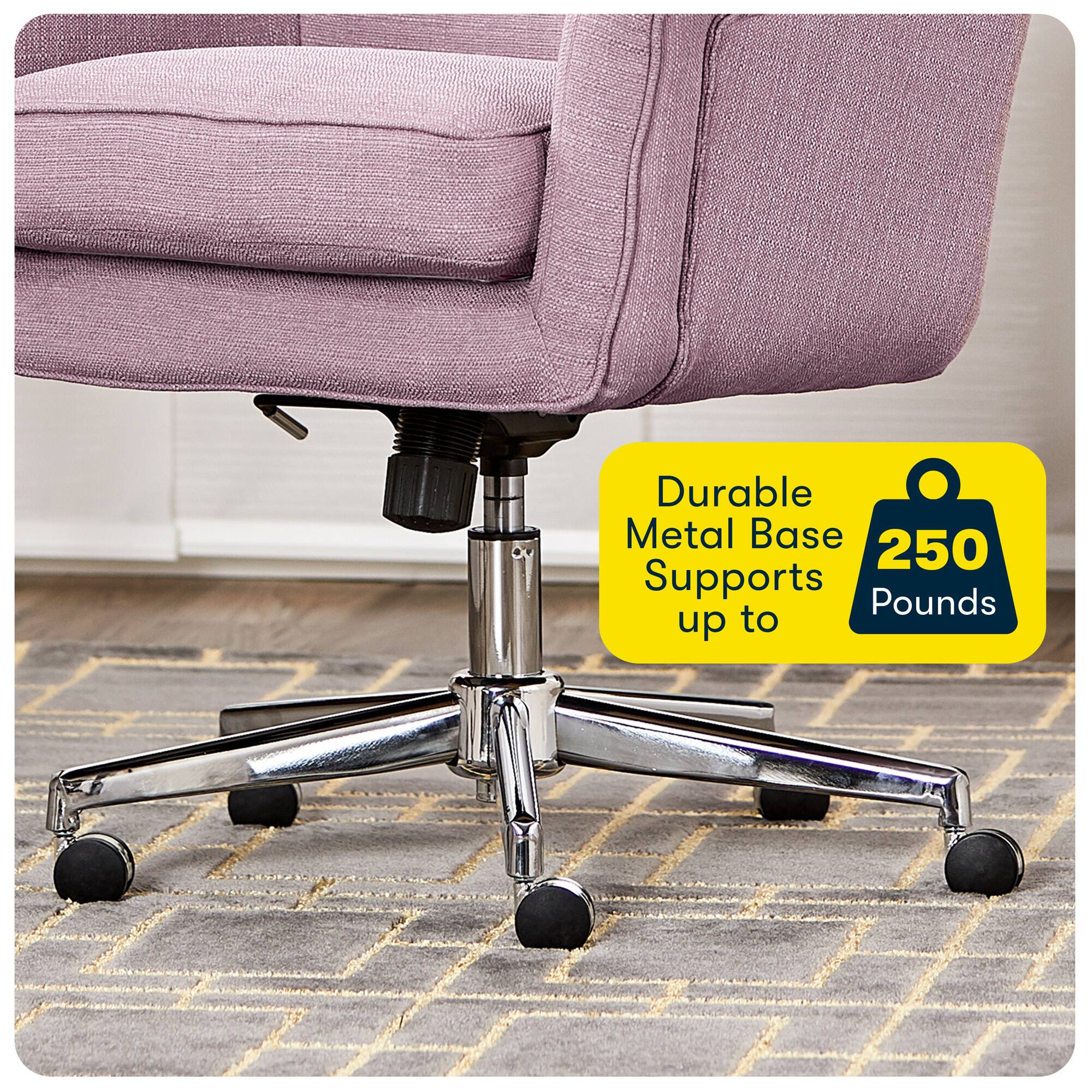 The image features a purple chair with a metal base, which is advertised as being durable and supporting up to 250 pounds. The chair is placed on a carpeted floor, and the metal base is prominently visible.