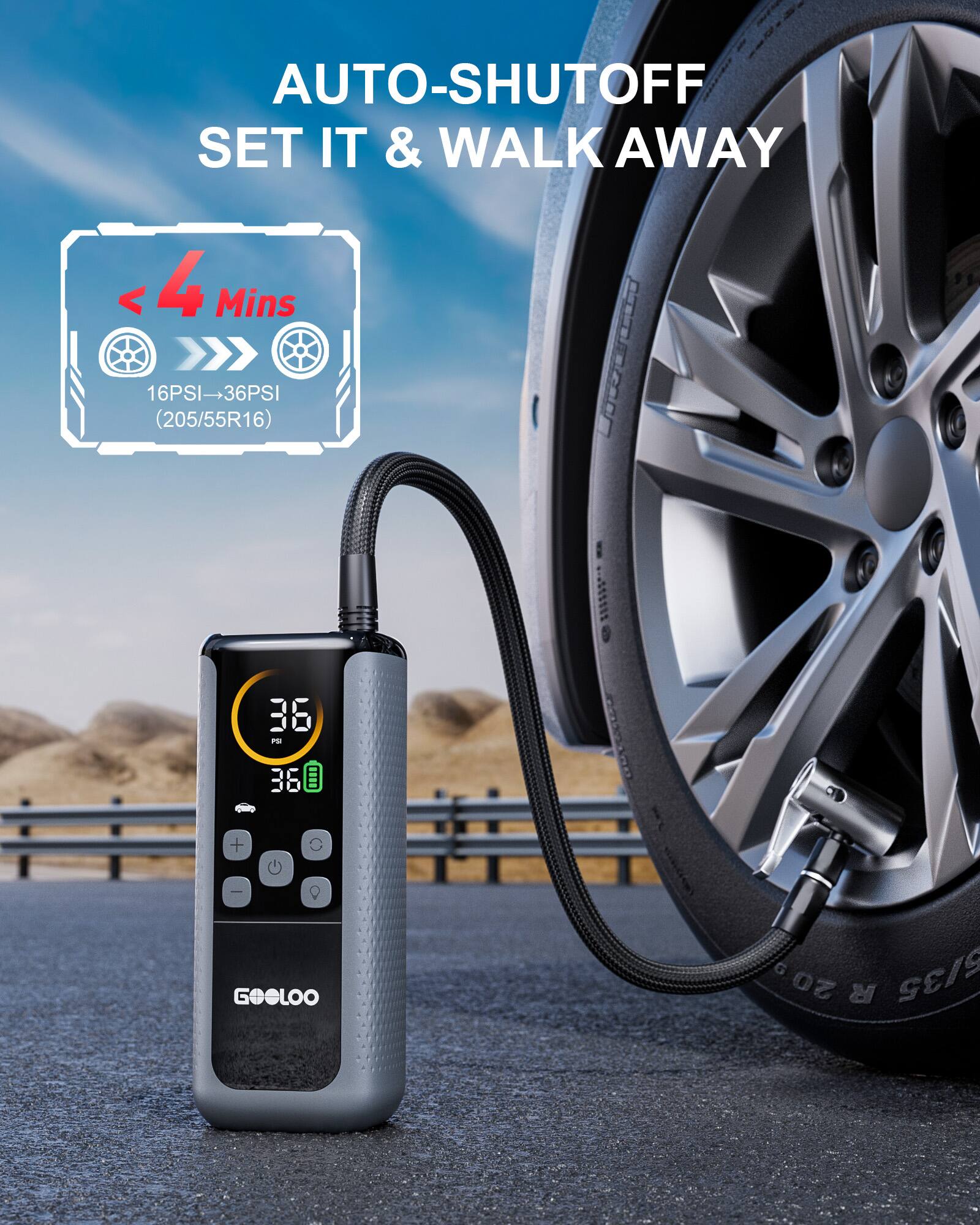 AUTO-SHUTOFF SET IT & WALK AWAY  
4 Mins  
16PSI-36PSI (205/55R16)  

GOOLOO G5/35 20 R
