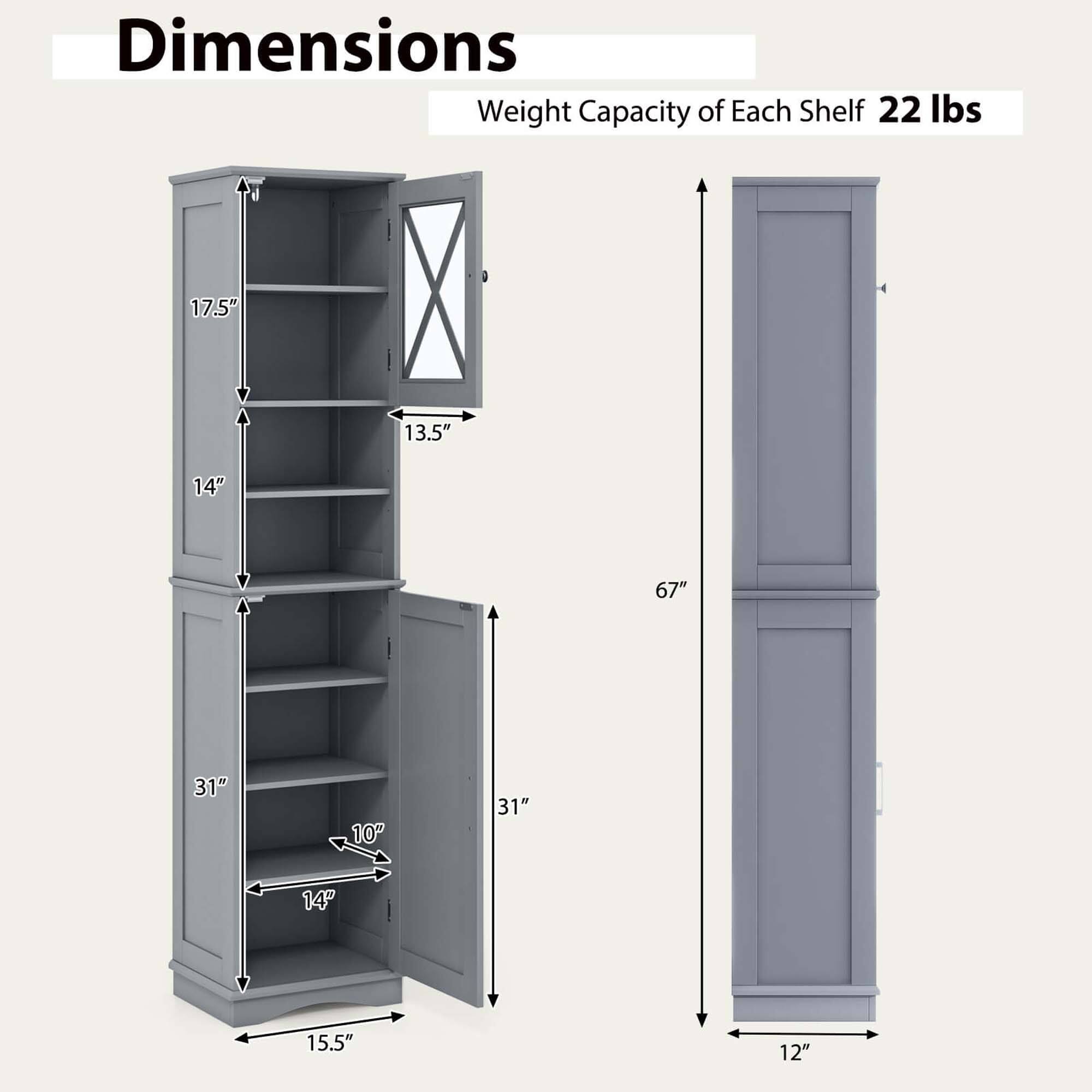 Dimensions:
- Shelf 1: 17.5" x 13.5" x 14"
- Shelf 2: 31" x 10" x 31"
- Shelf 3: 14" x 14" x 15.5"
- Shelf 4: 12" x 12" x 12"

Weight Capacity of Each Shelf: 22 lbs