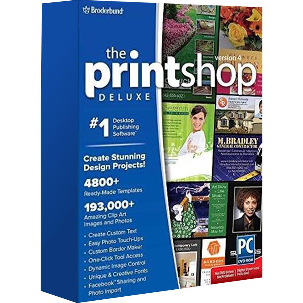 Broderbund the printshop DELUXE version 4.0  
42-565-632 UCL  
efenito  
Desktop #1  
Software Publishing  
M. BRADLEY GENERAL CONTRACTOR  
Create Stunning Design Projects!  
4800+ Ready-Made Templates  
193,000+ Amazing Clip Art and Photos  
Images Custom Text  
Create Photo Touch-Ups  
Easy PC Border Maker  
Custom SU S Tool Access  
One-Click Control  
BORDER DVD-ROM  
Dynamic Image Creative Fonts  
Unique & Sharing and Facebook Photo Import