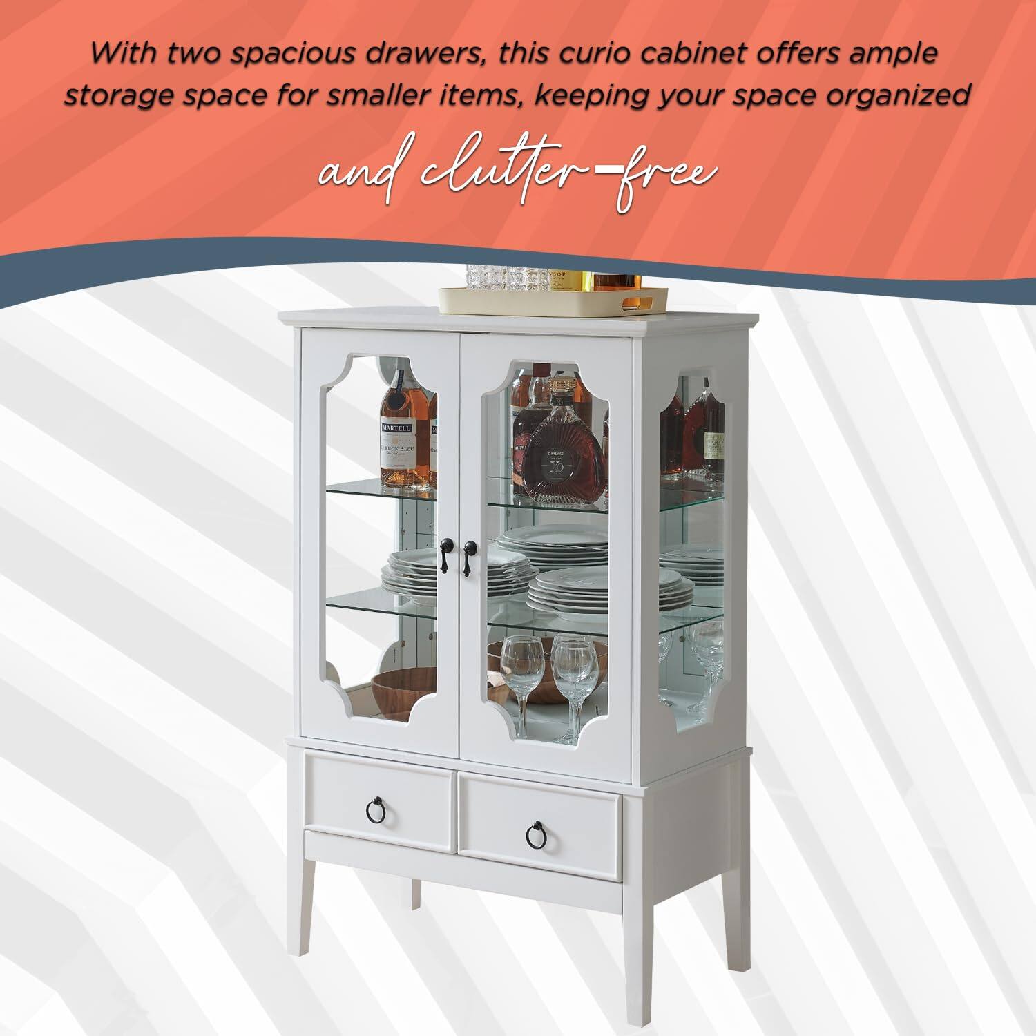 With two spacious drawers, this curio cabinet offers ample storage space for smaller items, keeping your space organized and clutter-free.
