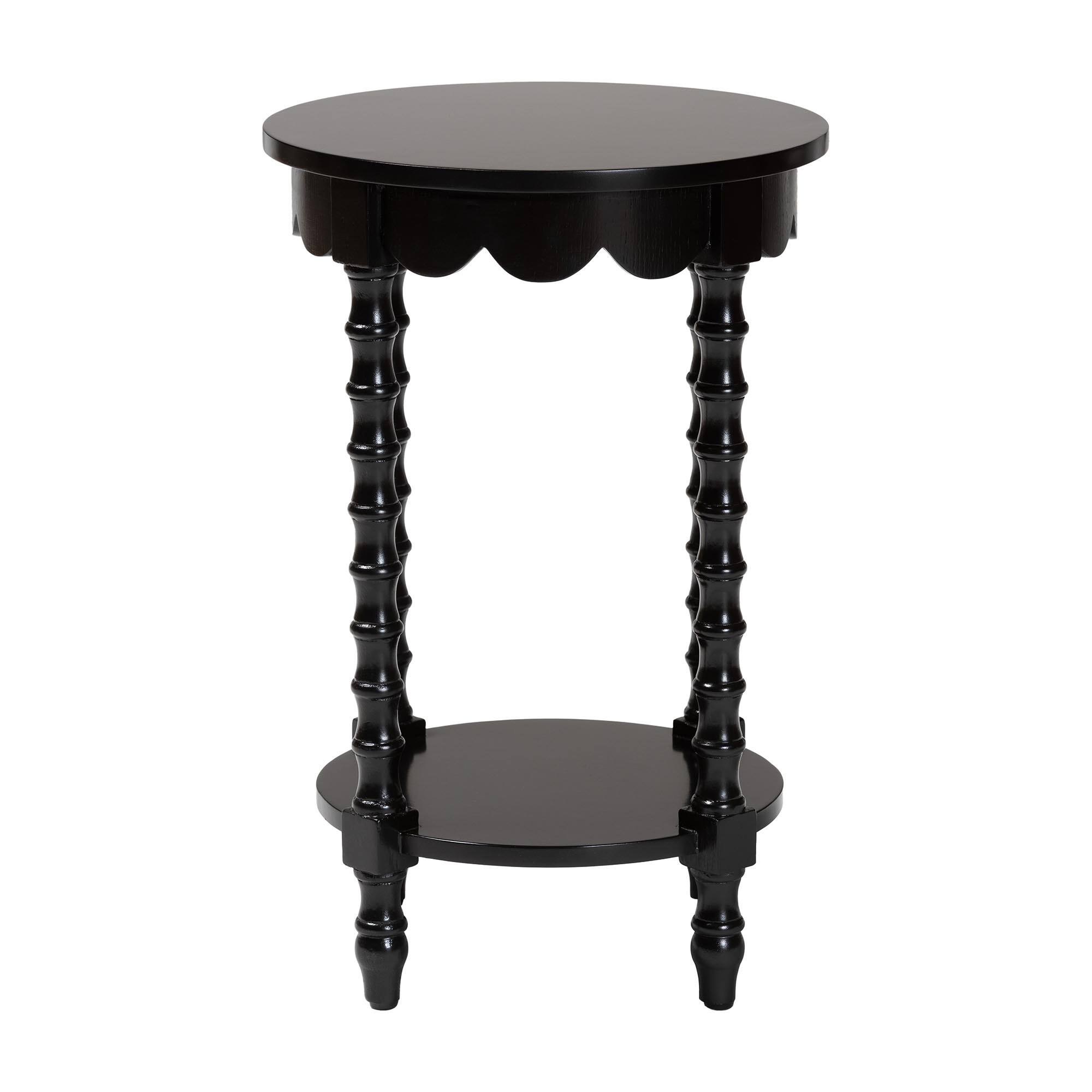 Angle. bali & pari - Baxton Studio Sally Round Nightstand with Bamboo Inspired Legs - Scalloped Bedroom Side Table with Open Shelf, Black - Black.