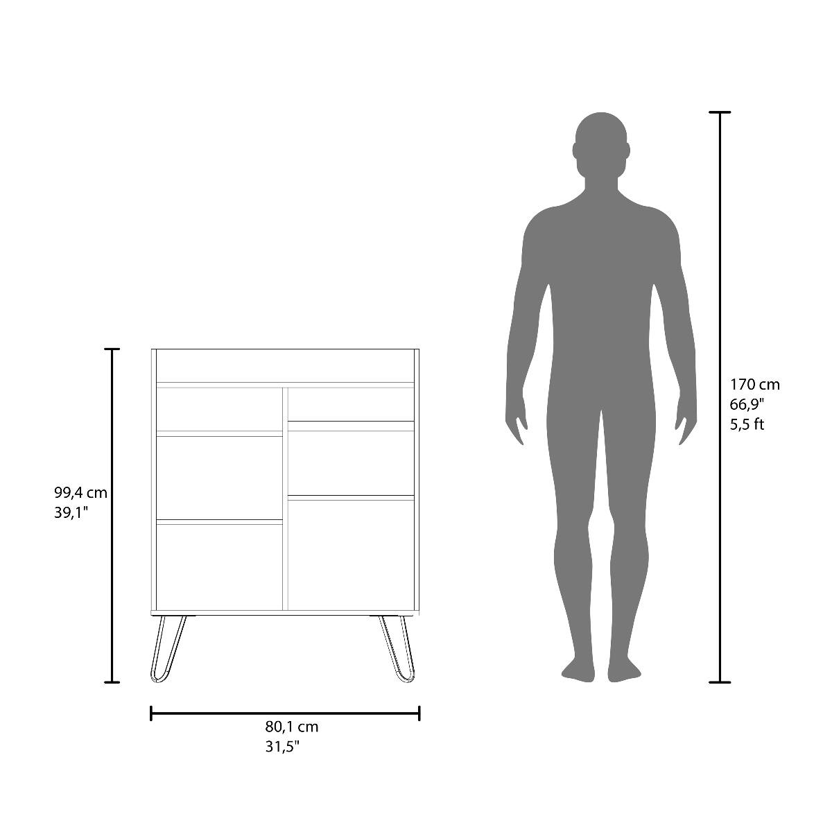 170 cm 66,9" 5,5ft  
99,4cm 39,1"  
80,1 cm 31,5"