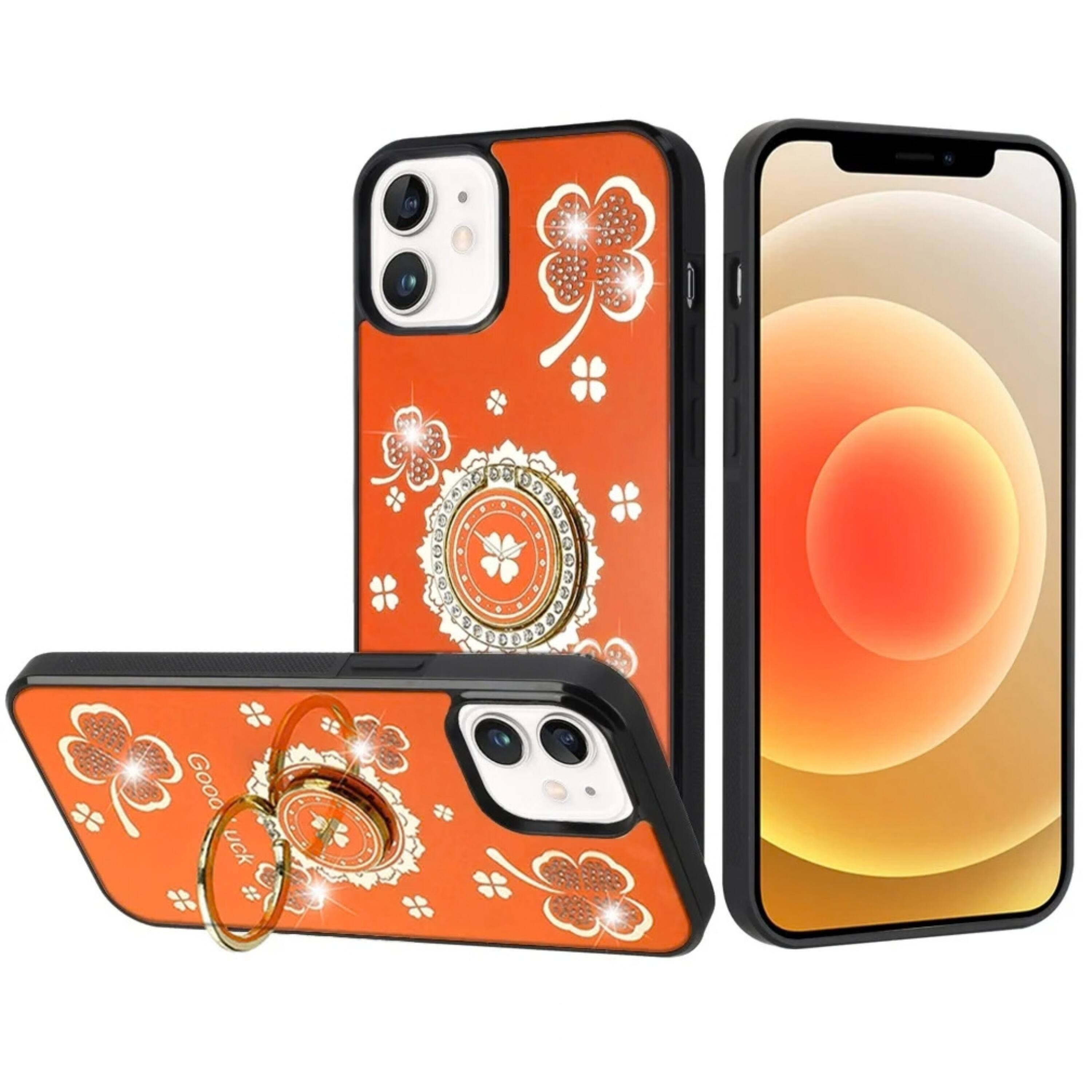 Angle. Kitcheniva - Rhinestone Bling Decor Glitter Protective Phone Case With Tempered Glass For iPhone 12 12 Pro Floral Orange - Orange.