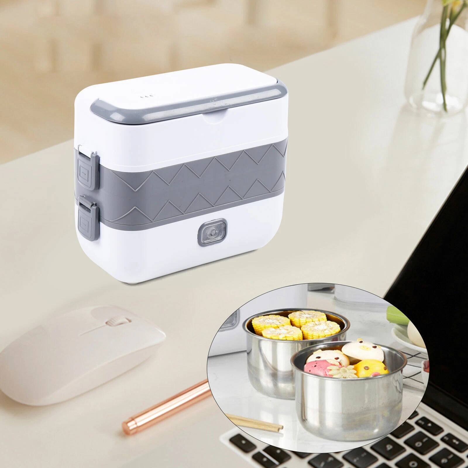 Angle. Home Collection - Electric Lunch Box Portable Food Warmer with 2 Stainless Steel Containers - White with Transparent Lid.