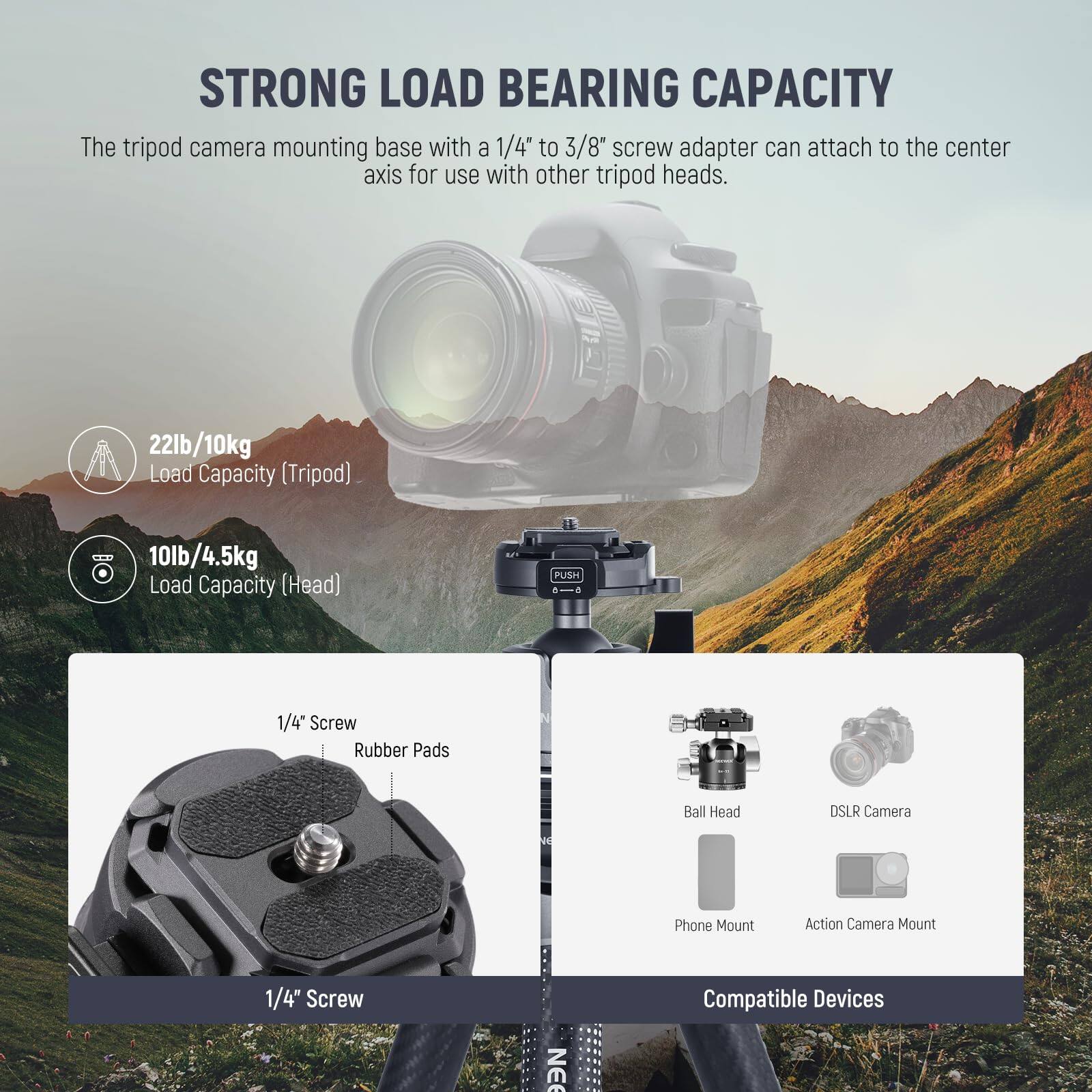 STRONG LOAD BEARING CAPACITY

The tripod camera mounting base with a 1/4" to 3/8" screw adapter can attach to the center axis for use with other tripod heads.

22lb/10kg Load Capacity (Tripod)
10lb/4.5kg Load Capacity (Head)

PUSH 1/4" Screw Rubber Pads

Ball Head DSLR Camera Phone Mount Action Camera Mount

1/4" Screw

Compatible Devices