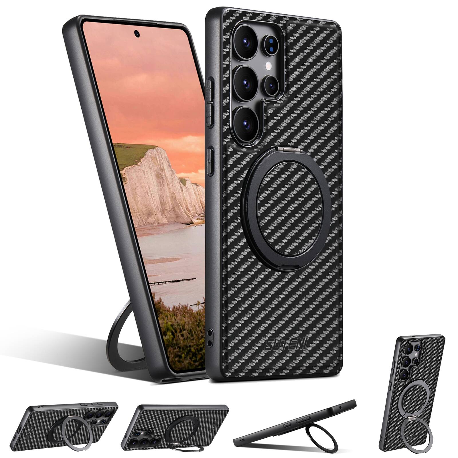Front. Dteck - Magnetic Case for Samsung Galaxy S26 Ultra, Compatible with MagSafe, Carbon Fiber Pattern Slim Cover with Rotate Ring - Black.