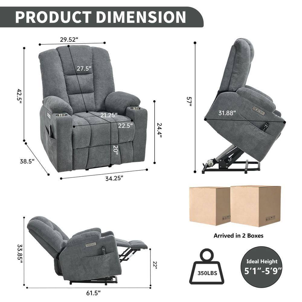 PRODUCT DIMENSION

- Height: 29.52"
- Width: 42.5"
- Depth: 38.5"
- Seat Height: 21.25"
- Seat Width: 22.5"
- Armrest Height: 24.4"
- Back Height: 57"
- Reclined Height: 31.88"
- Reclined Depth: 61.5"
- Base Width: 34.25"
- Base Depth: 33.85"

Arrived in 2 Boxes

Ideal Height: 5'1" - 5'9"

Weight Capacity: 350LBS