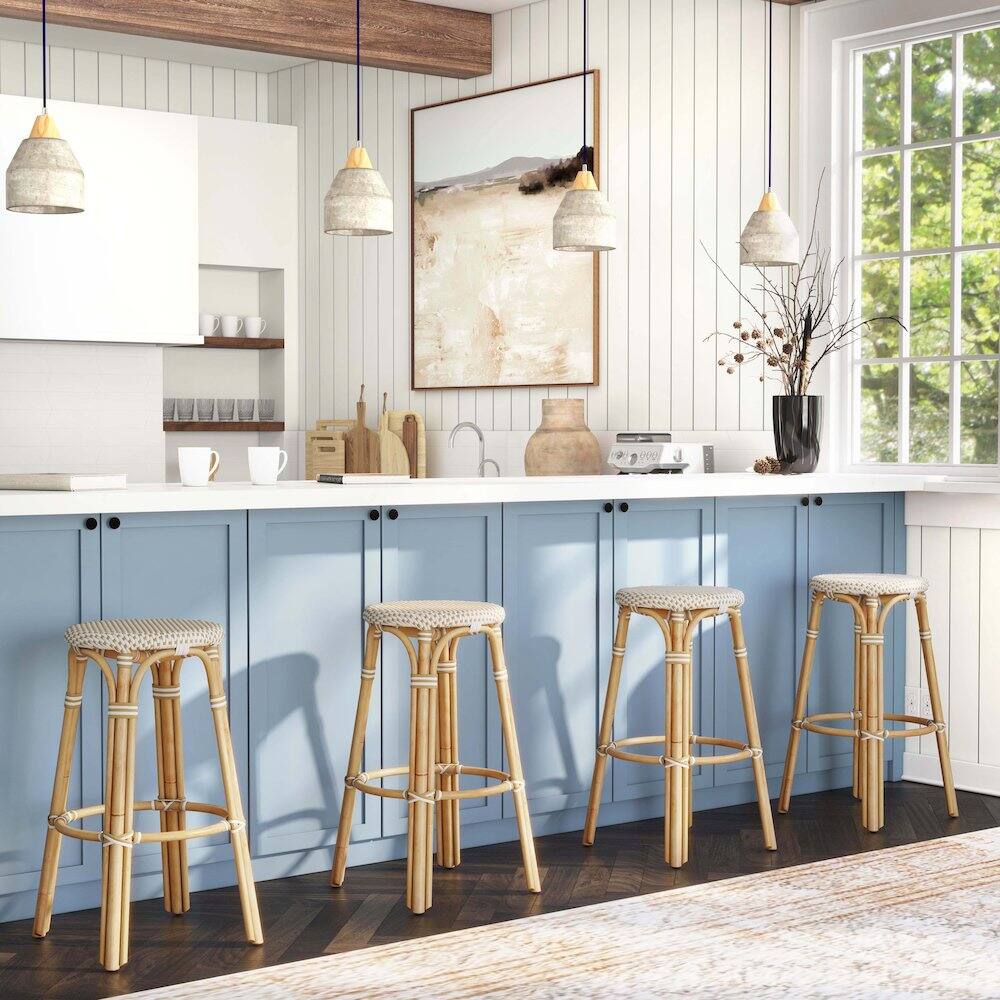 Alt View 6. Butler Specialty - Tobias Round Rattan 30" Bar Stool - White And Tan Dot.