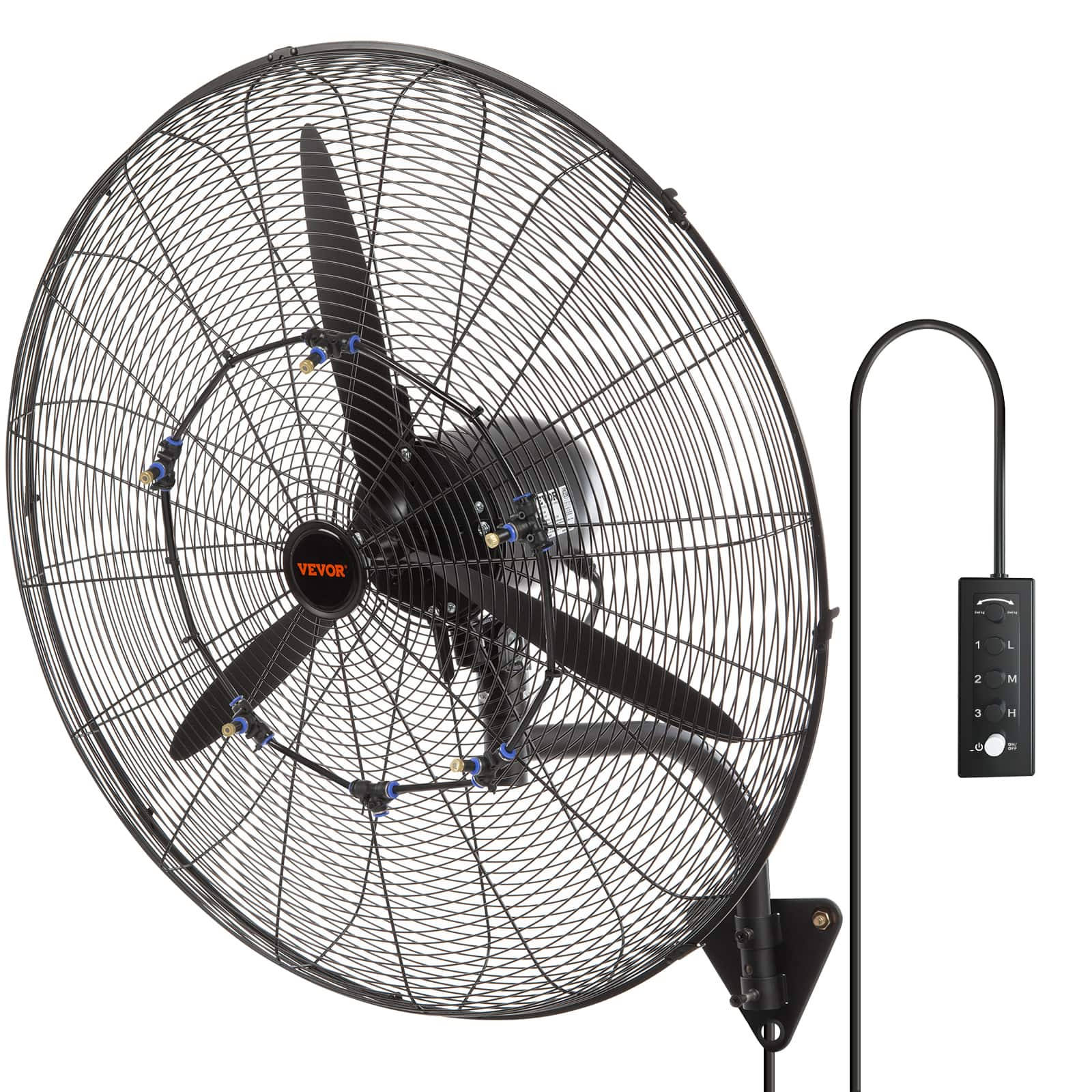 VEVOR - Wall-Mount Misting Fan, 30 Inch, 3-speed High Velocity Max. 9500 CFM, Waterproof Oscillating Industrial Wall Fan - Black,Silver