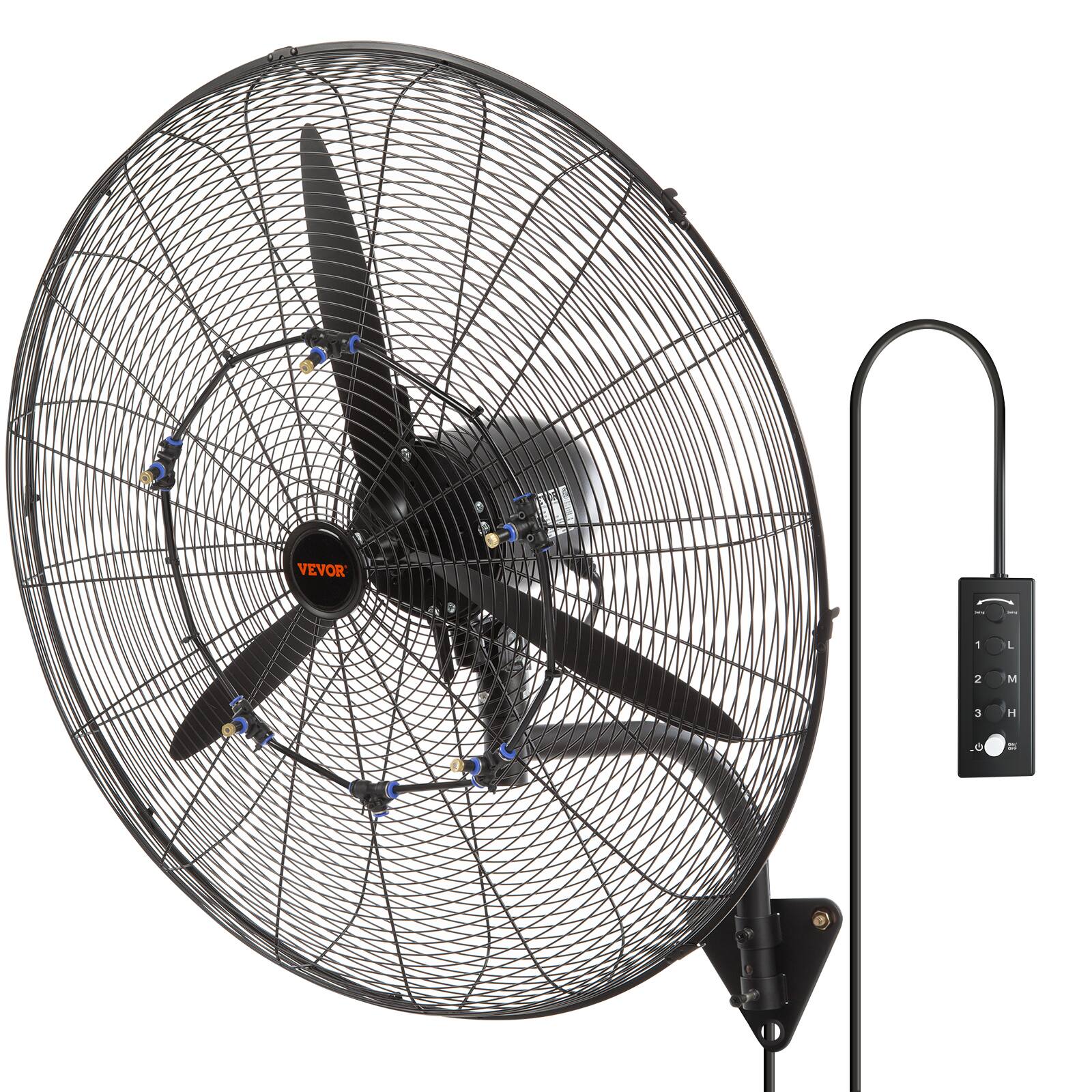 VEVOR - Wall-Mount Misting Fan, 30 Inch, 3-speed High Velocity Max. 9500 CFM, Waterproof Oscillating Industrial Wall Fan - Black,Silver