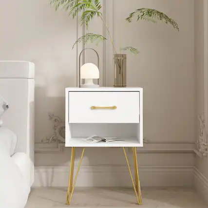 Front. FUFU & GAGA - FUFU&GAGA Nightstand with Gold Hairpin Legs: Modern Open - Shelf Storage - White.