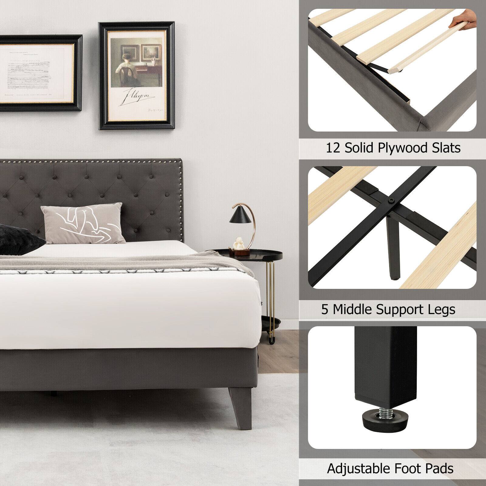 12 Solid Plywood Slats, 5 Middle Support Legs, Adjustable Foot Pads