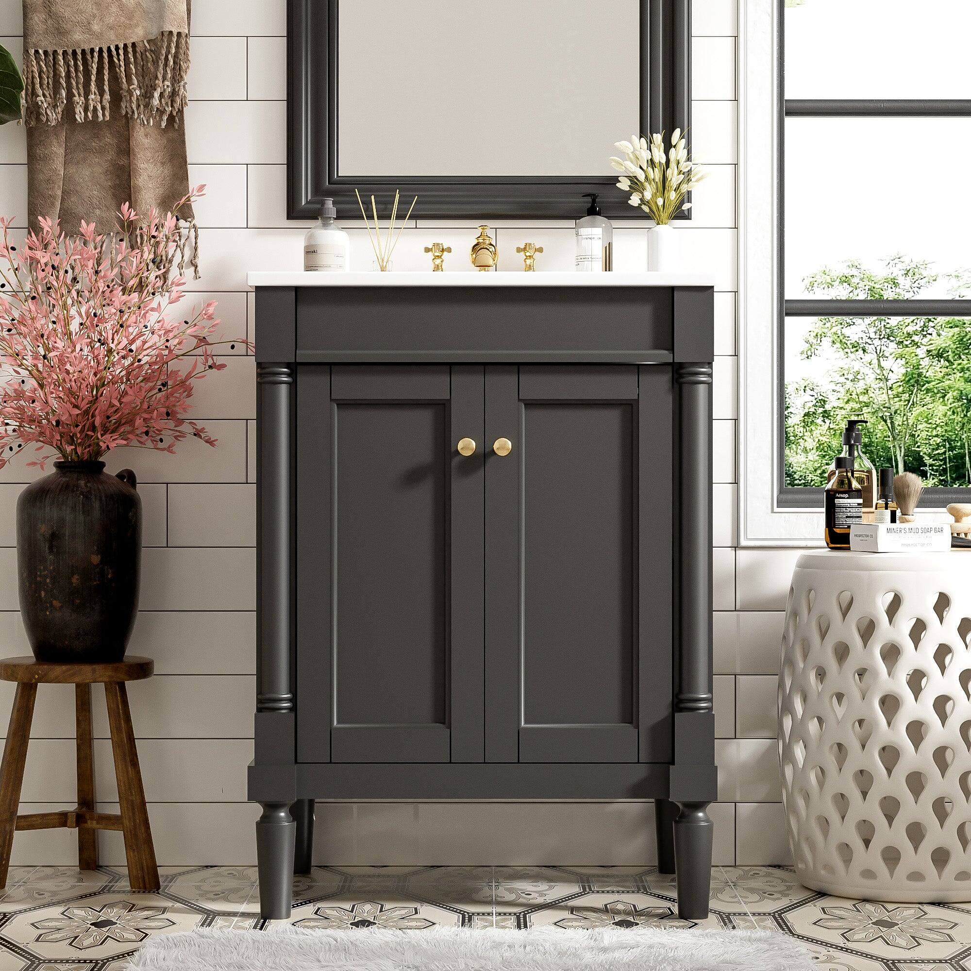 Alt View 3. Boyel Living - 24 Inch Bathroom Vanity Black with Ceramic Sink Solid Wood Frame Double Door Storage - Black.