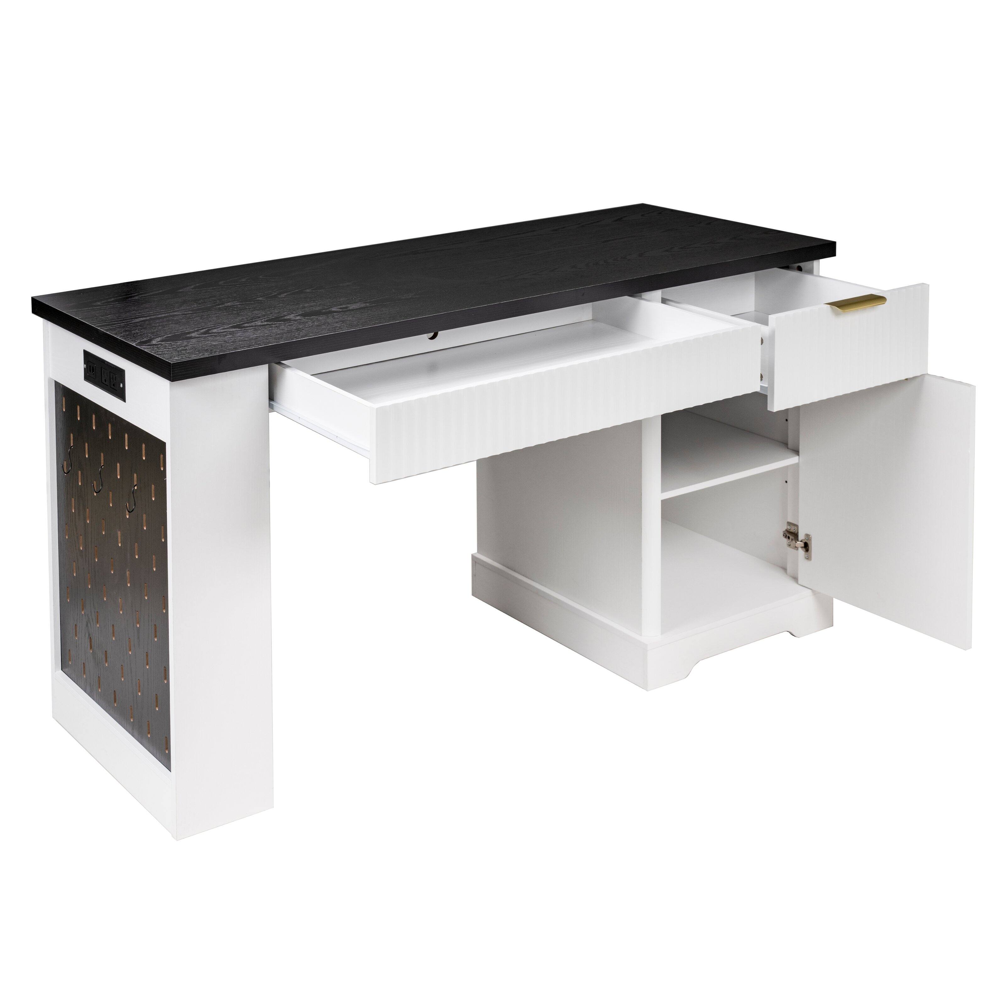 Alt View 10. Loheer - Loheer Office Desk with Storage, White Modern Fluted Writing Desk with Power Outlet, Pegboard, Shelves - White.