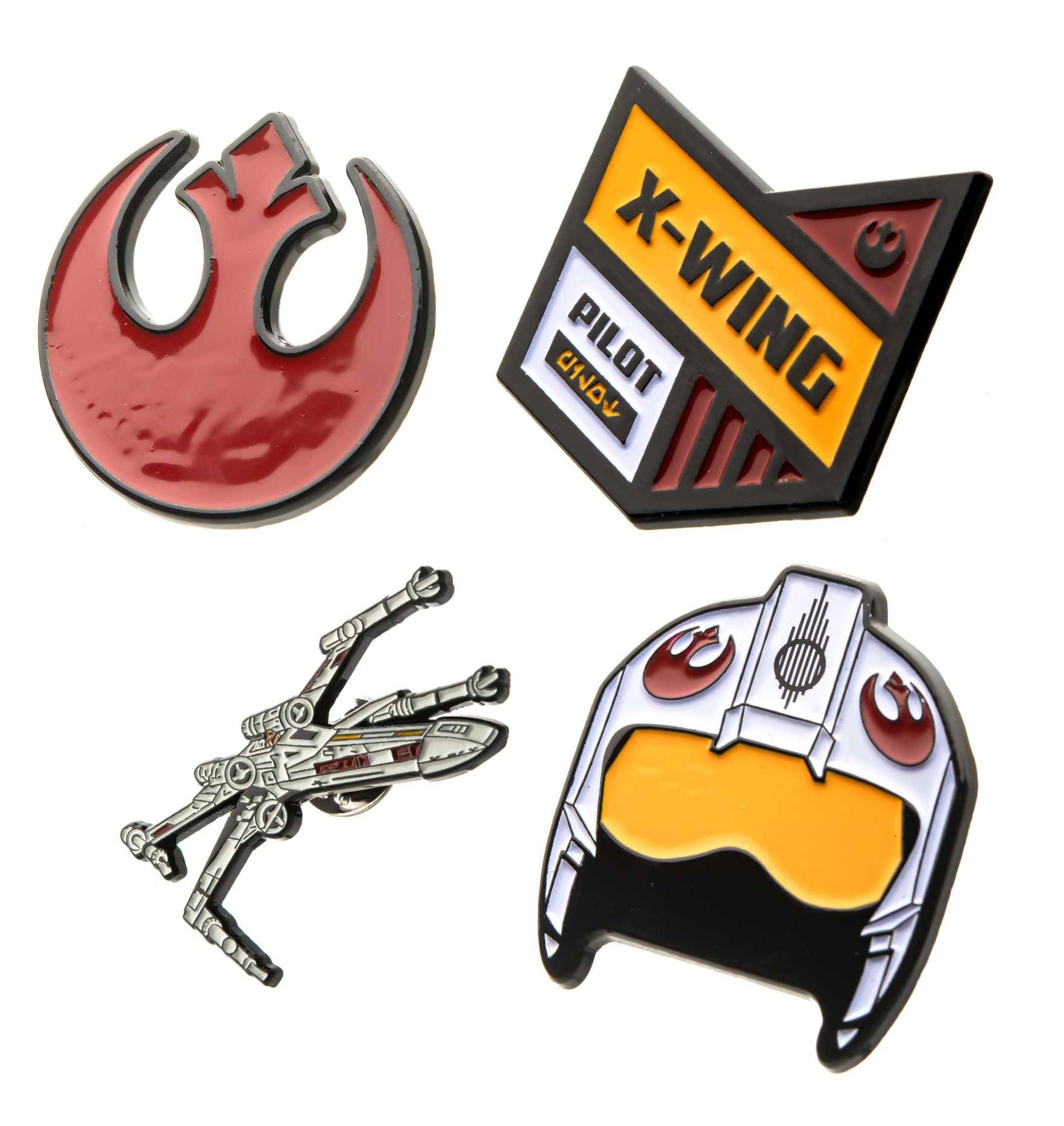 Sure, here is the corrected and grouped text from the image:

1. **X-WING**
   - PILOT
   - UNAV

2. **X-WING** (on the spaceship model)

3. **PILOT X-WING** (on the badge)