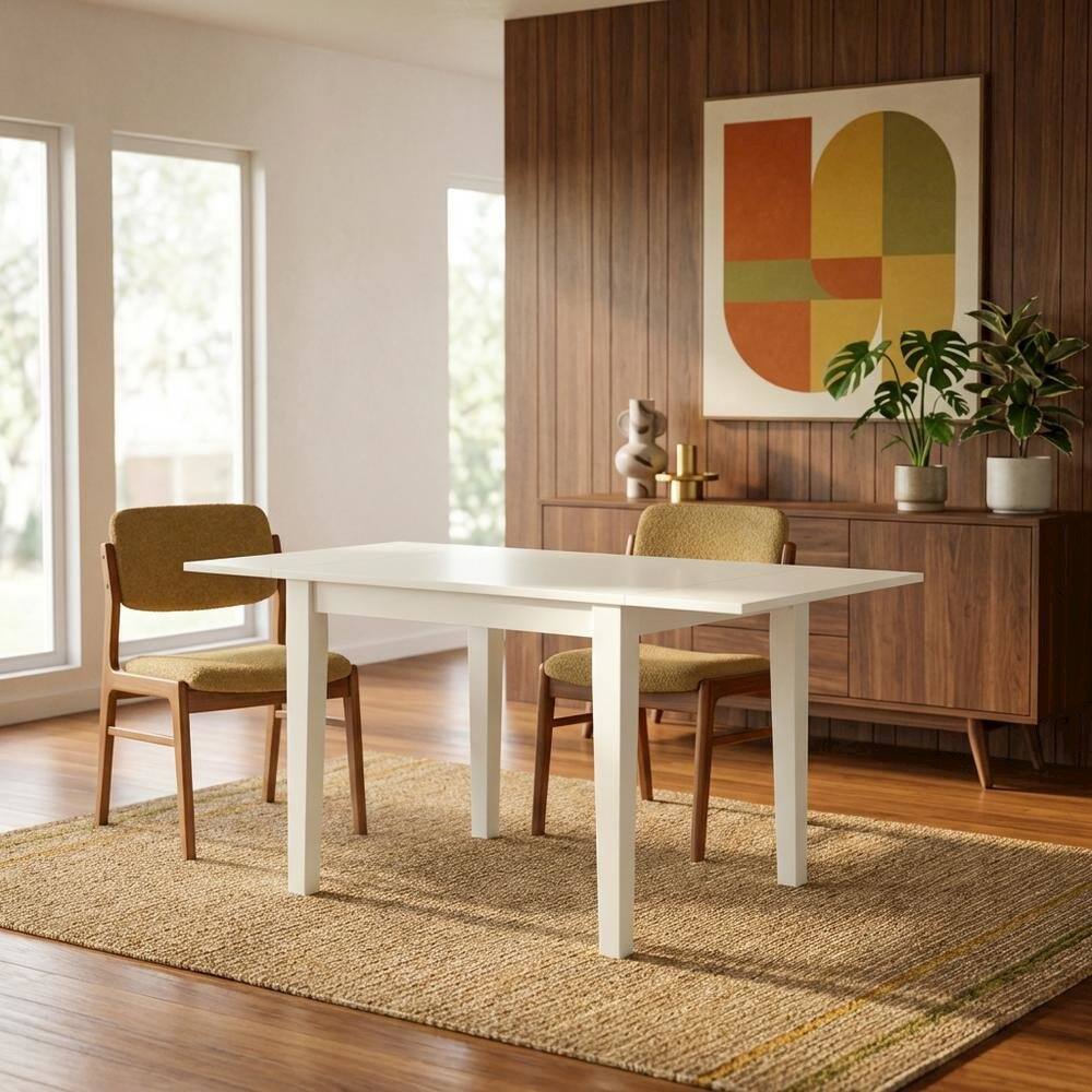 Alt View 3. FurniFact - Linen White Drop Leaf Rectangular Table - White.