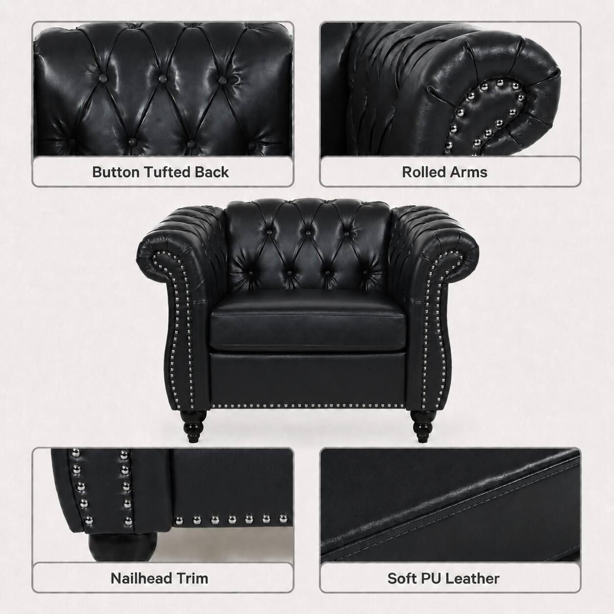 Button Tufted Back, Rolled Arms, Nailhead Trim, Soft PU Leather