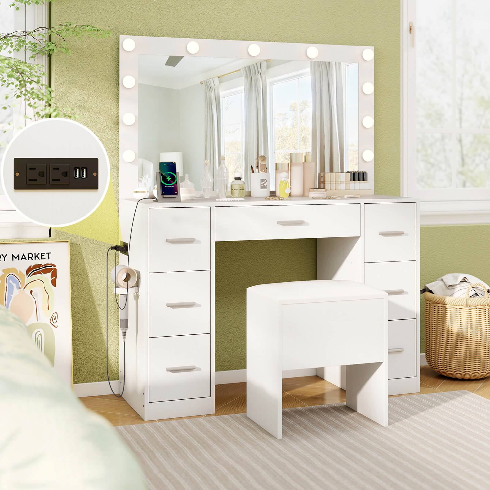 Alt View 1. Costway - Costway Vanity Desk with Mirror and Lights Storage Stool Power Outlets 3 Lighting Colors - White.