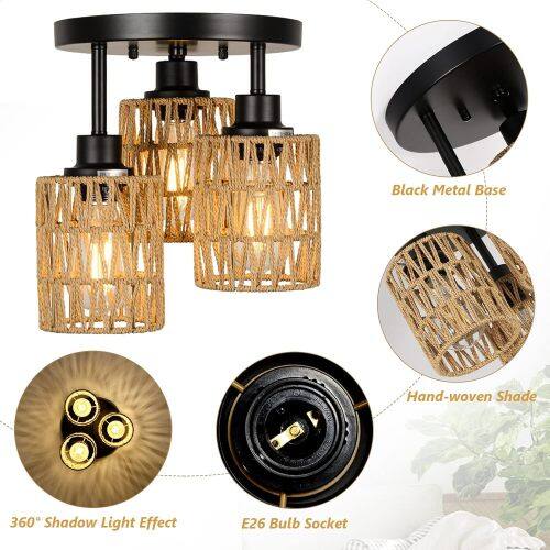 Black Metal Base Hand-woven Shade 360° Shadow Light Effect E26 Bulb Socket