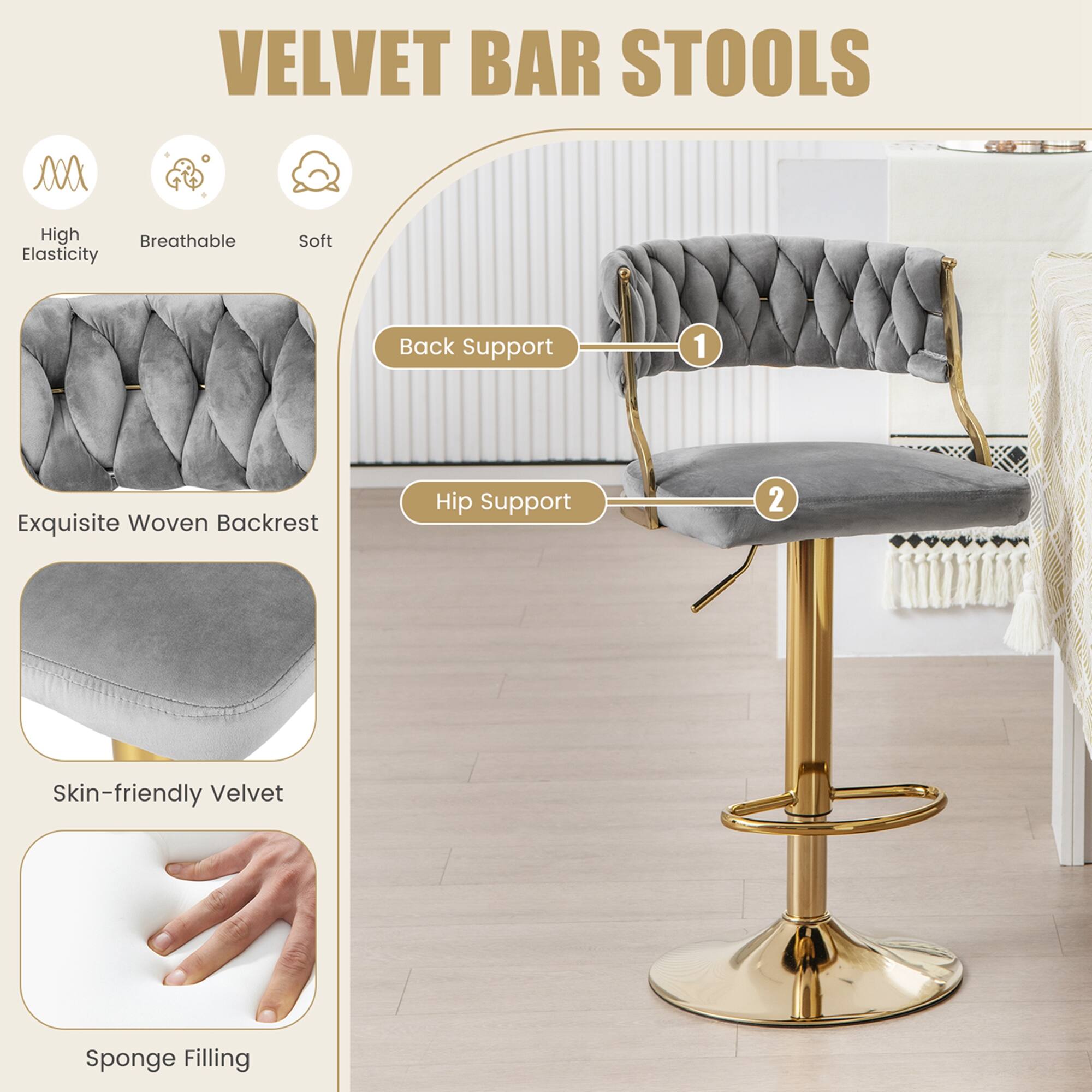 Velvet Bar Stools High Breathable Elasticity Soft Back Support 1 Exquisite Woven Backrest Hip Support 2 Skin-friendly Velvet Sponge Filling