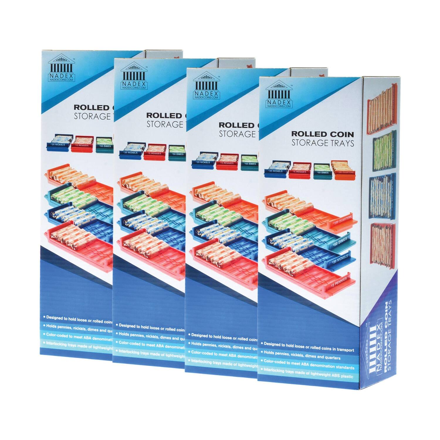 NADEX CIRCULAR ROLLED STORAGE CO.  
NADEX ROLLED STORAGE CO.  
NADEX ROLLED STORAGE ROLLED STORAGE ROLLED COIN STORAGE TRAYS - 1  
Designed to hold loose or rolled coins. Holds pennies, nickels, dimes and quarters. Color-coded to meet ABA denomination standards. Interlocking trays made of lightweight ABS plastic.