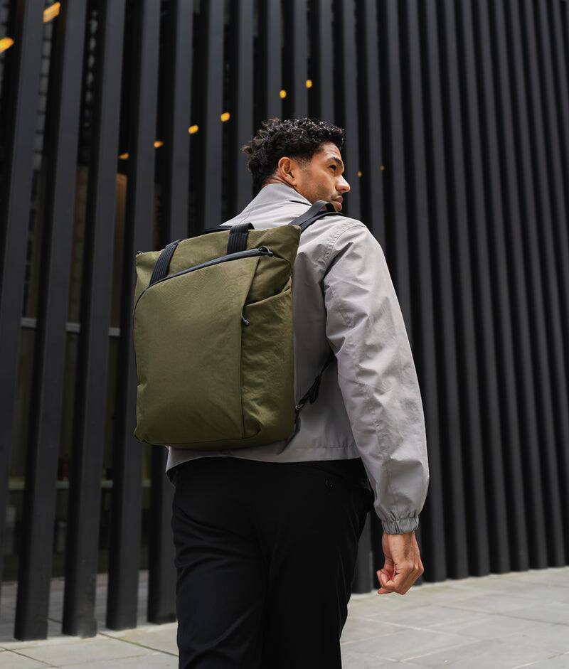 Alt View 8. ALPAKA - Flow Totepack Laptop Backpack for Men, 16" Laptop Compartment + 11" Tablet Sleeve, Tote/Backpack, Bottle Pocket - Green Axoflux 400D Washed Nylon.