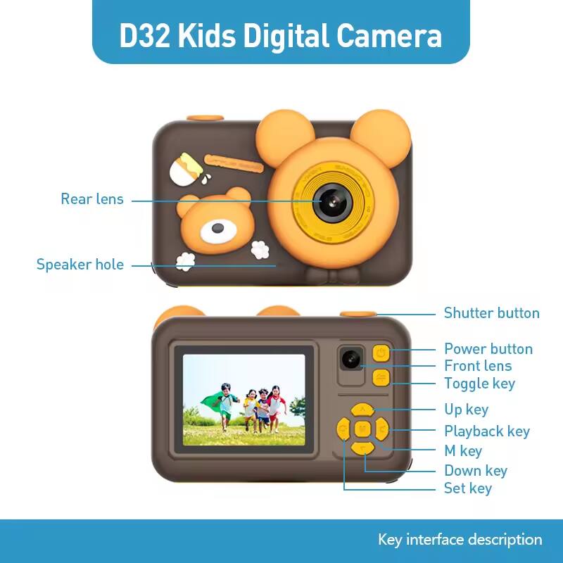 D32 Kids Digital Camera

- Rear lens
- Speaker hole
- Shutter button
- Power button
- Front lens
- Toggle key
- Up key
- Playback key
- M key
- Down key
- Set key

Key interface description