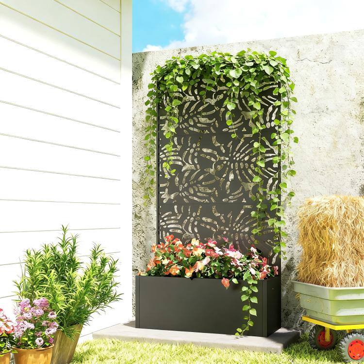 Alt View 1. PULUZ - Metal Planter Box with Trellis, 71 inch Tall Raised Garden Bed with Privacy Screen and Drainage Holes - Black.