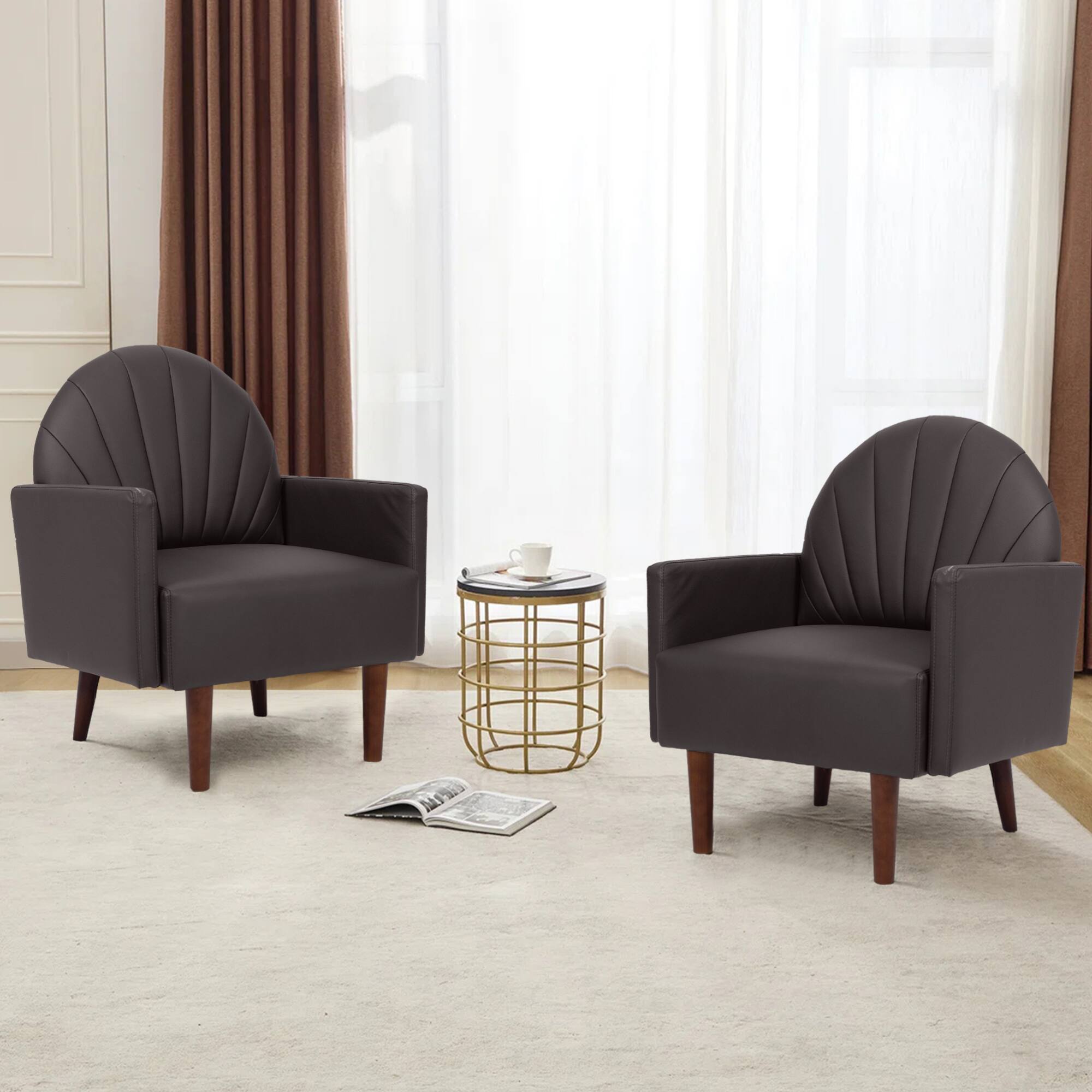 Alt View 4. GOODSILO - Contemporary Shell-Shaped Armchair with Upholstered Comfort and Wooden Legs for Versatile Home Decor - Dark Brown.