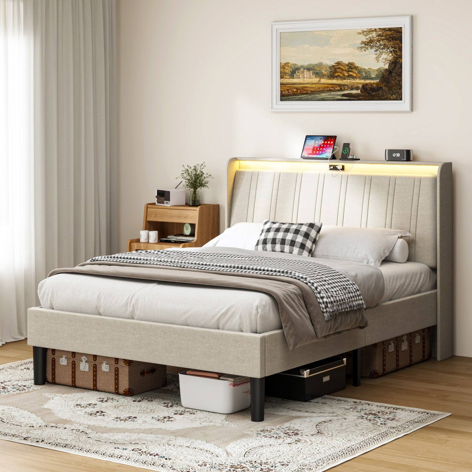 Alt View 1. Ecooso - Full Size Platform Bed Frame with Fabric Upholstered Headboard and Wooden Slats Support - Espresso.